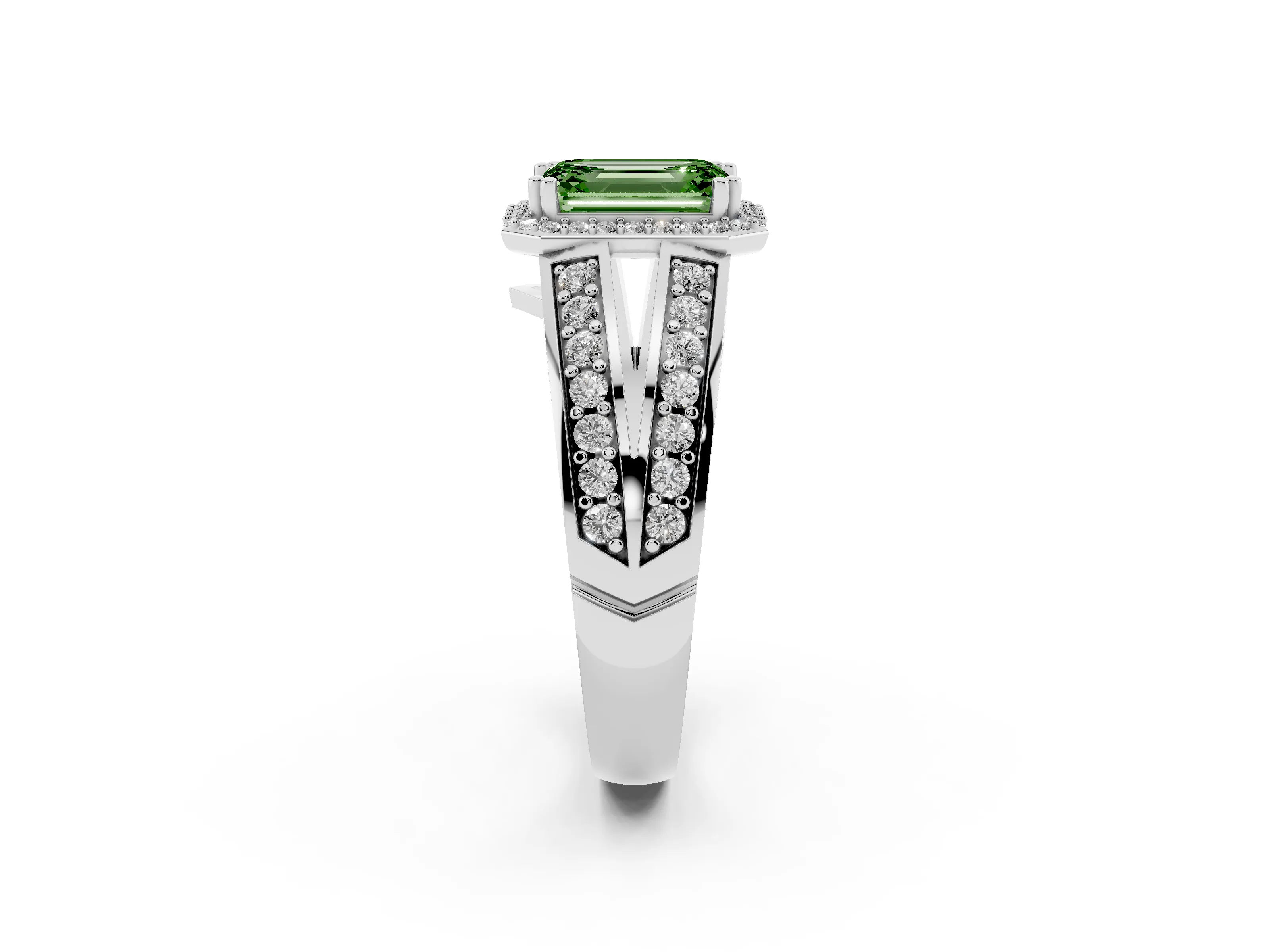 Fancy Green Emerald Cut Diamond Halo Ring Set in Platinum with Double Pavé Split Shank