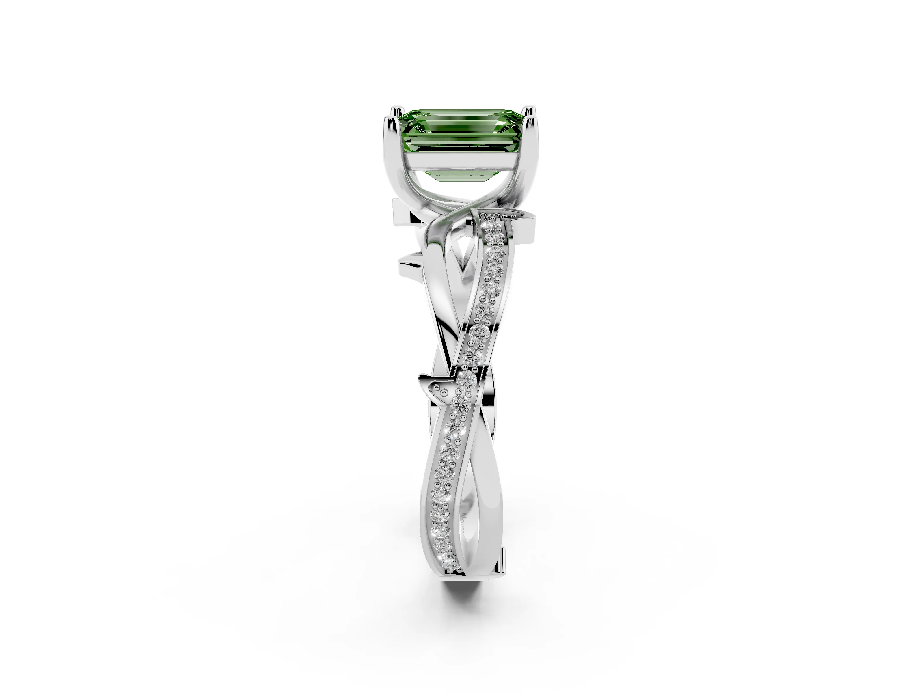 Fancy Green Emerald Cut Diamond Pavé Twist Band Solitaire Ring Set in Platinum with Prong Setting
