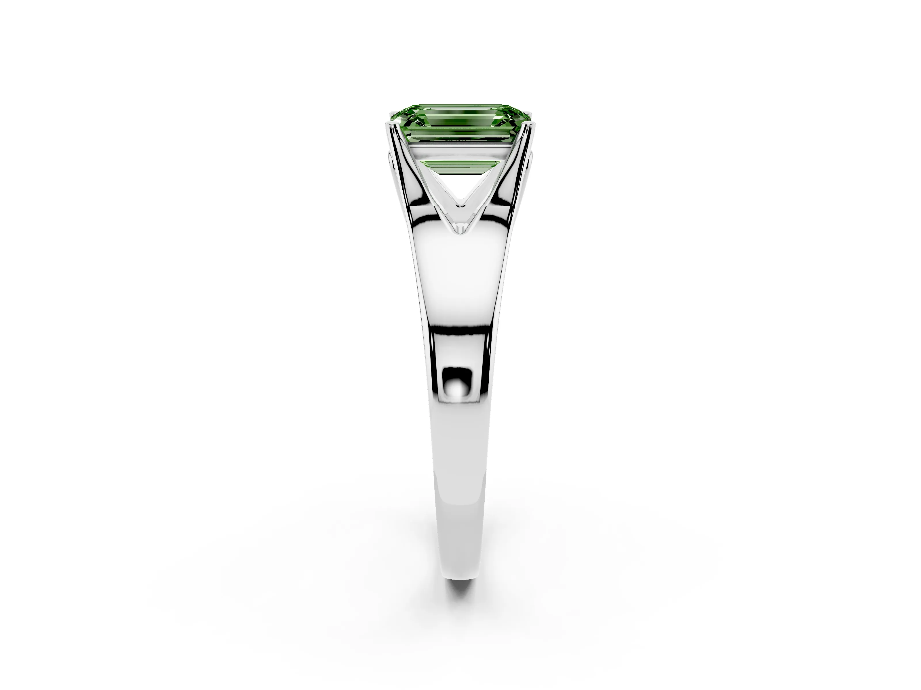 Fancy Green Emerald Cut Diamond Solitaire Ring Set in White gold with Arched Cathedral Band and Prong Setting