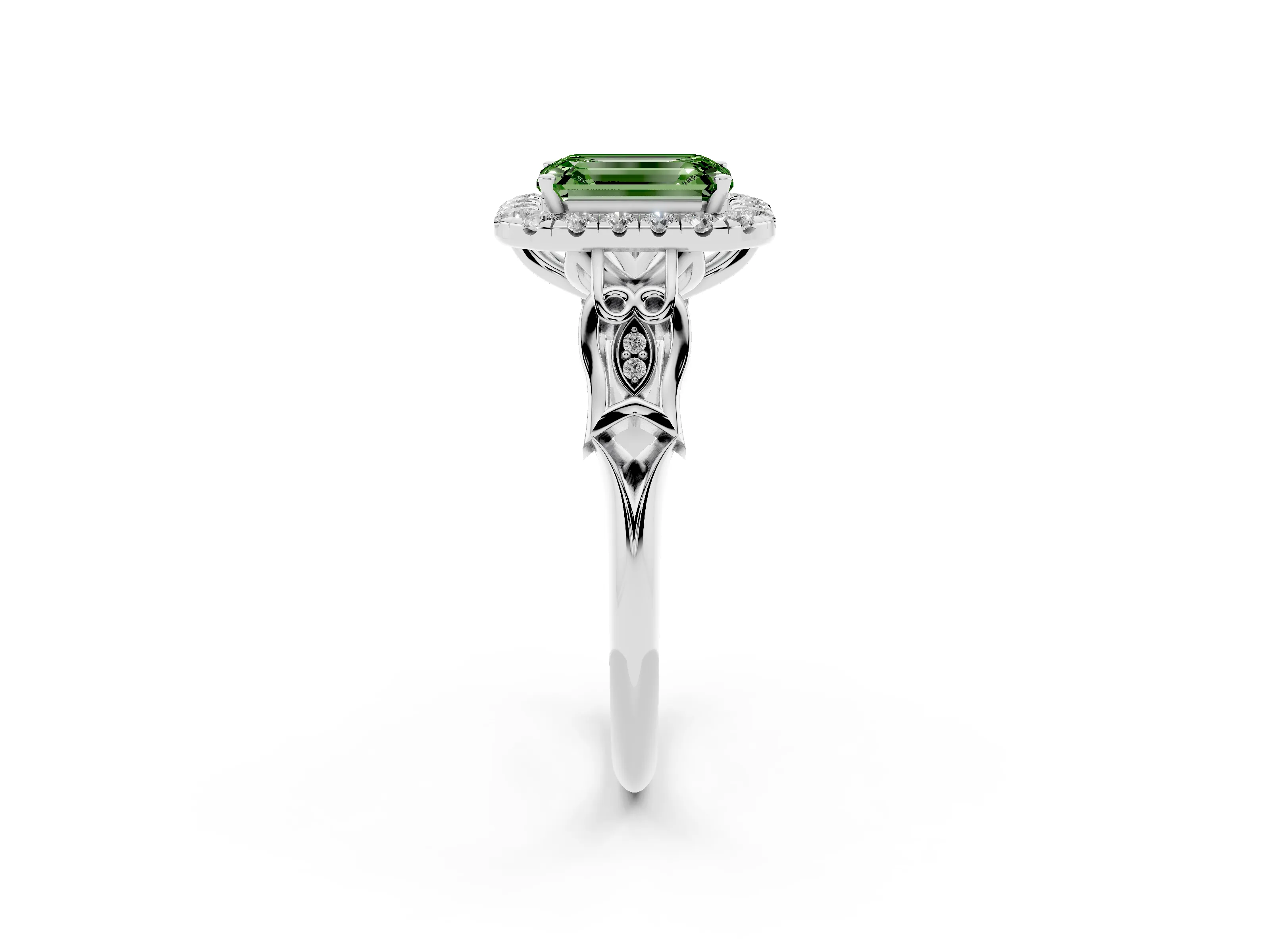 Fancy Green Emerald Cut Diamond Halo Engagement Ring Set in Platinum with Filigree Band and Prong-Set Center