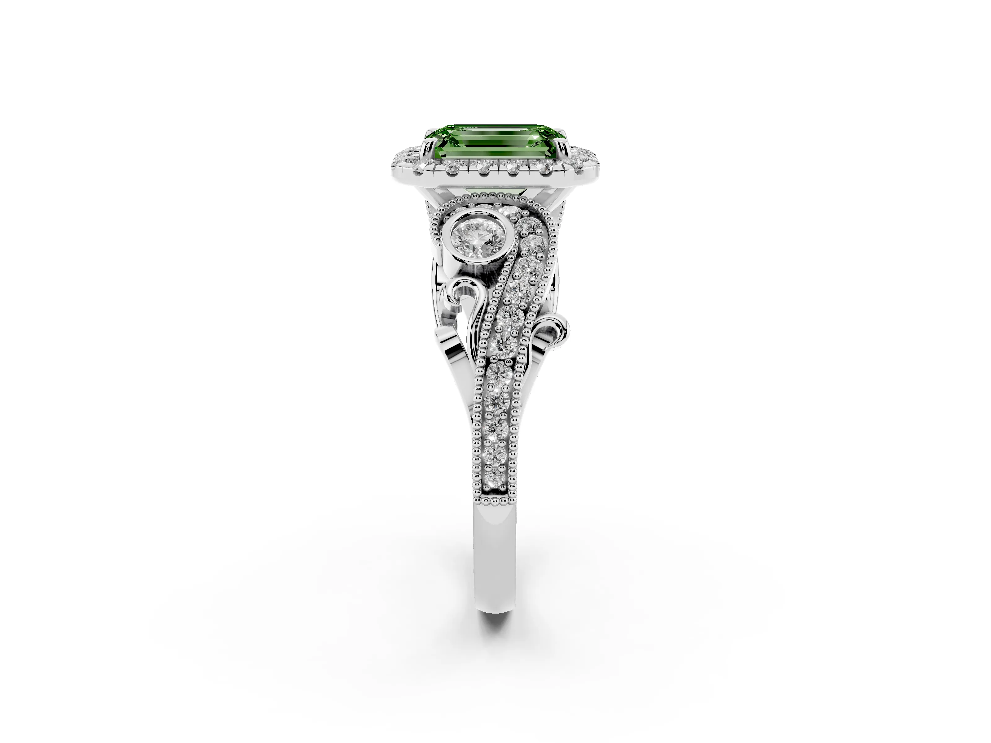 Fancy Green Emerald Cut Diamond Halo Ring Set in Silver with Milgrain Pavé Band and Prong Setting
