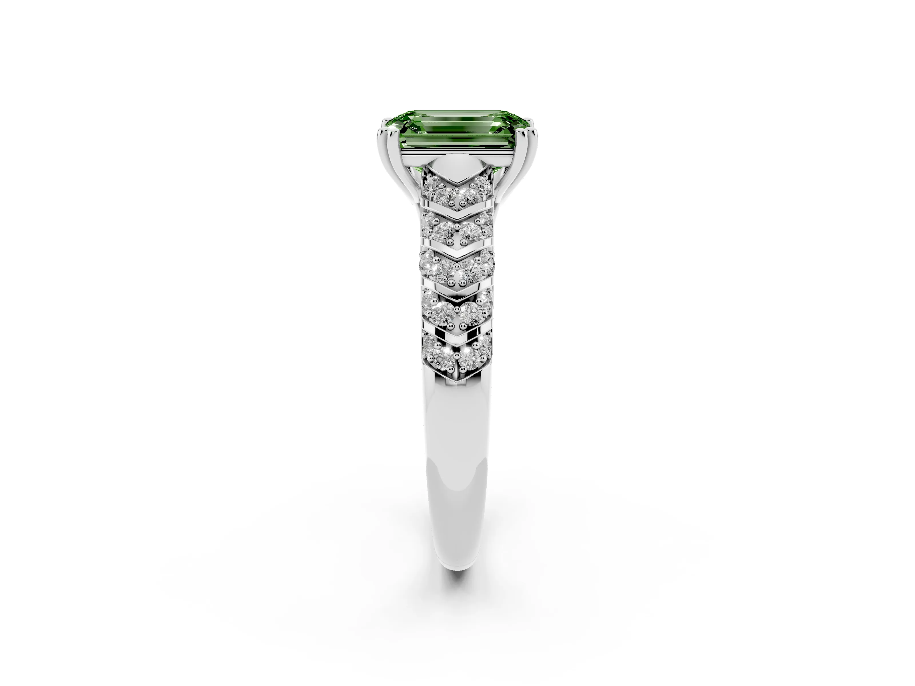 Fancy Green Emerald Cut Diamond Solitaire Chevron Pavé Engagement Ring Set in Silver with Prong Setting