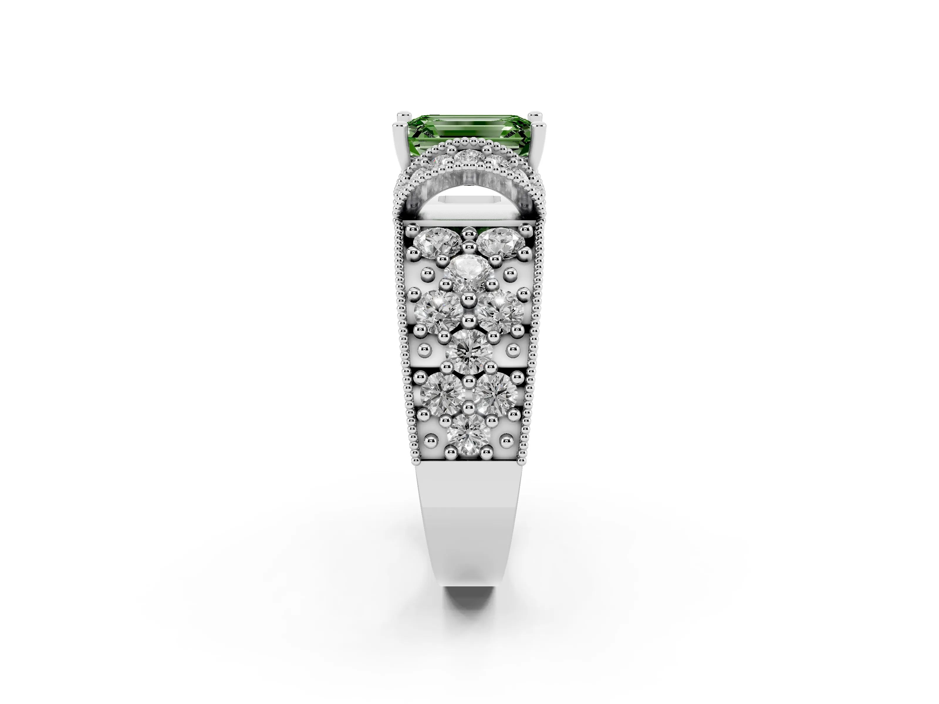 Fancy Green Emerald Cut Diamond Milgrain Halo Pavé Engagement Ring Set in Silver with Prong Setting