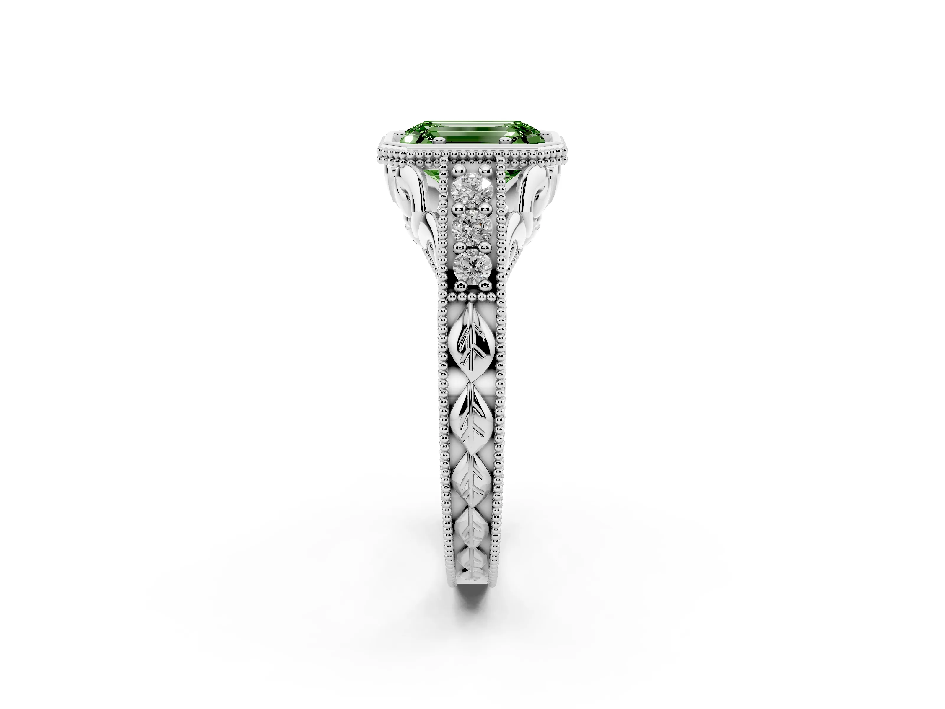 Fancy Green Bezel Set Emerald Cut Diamond Milgrain Pavé Engagement Ring Set in Silver