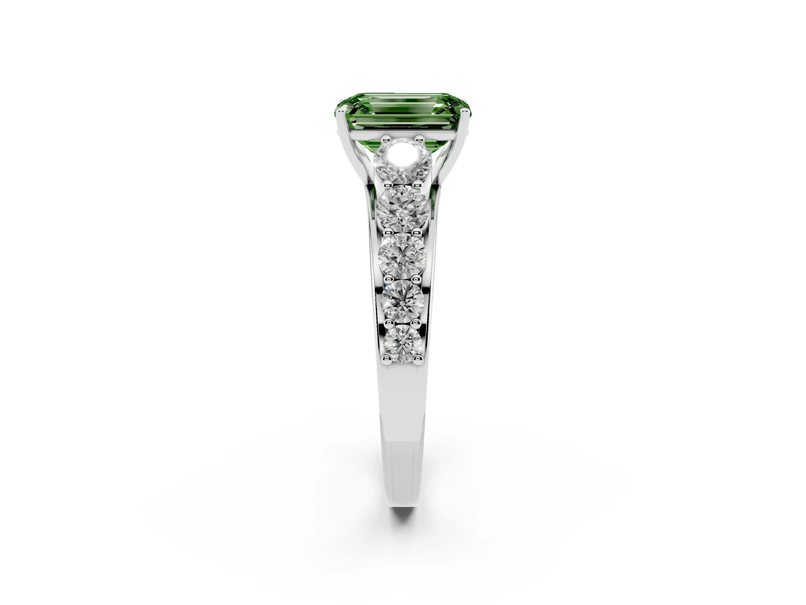 Fancy Green Emerald Cut Diamond Solitaire Ring Set in Platinum with Pavé-Set Band and Prong Setting