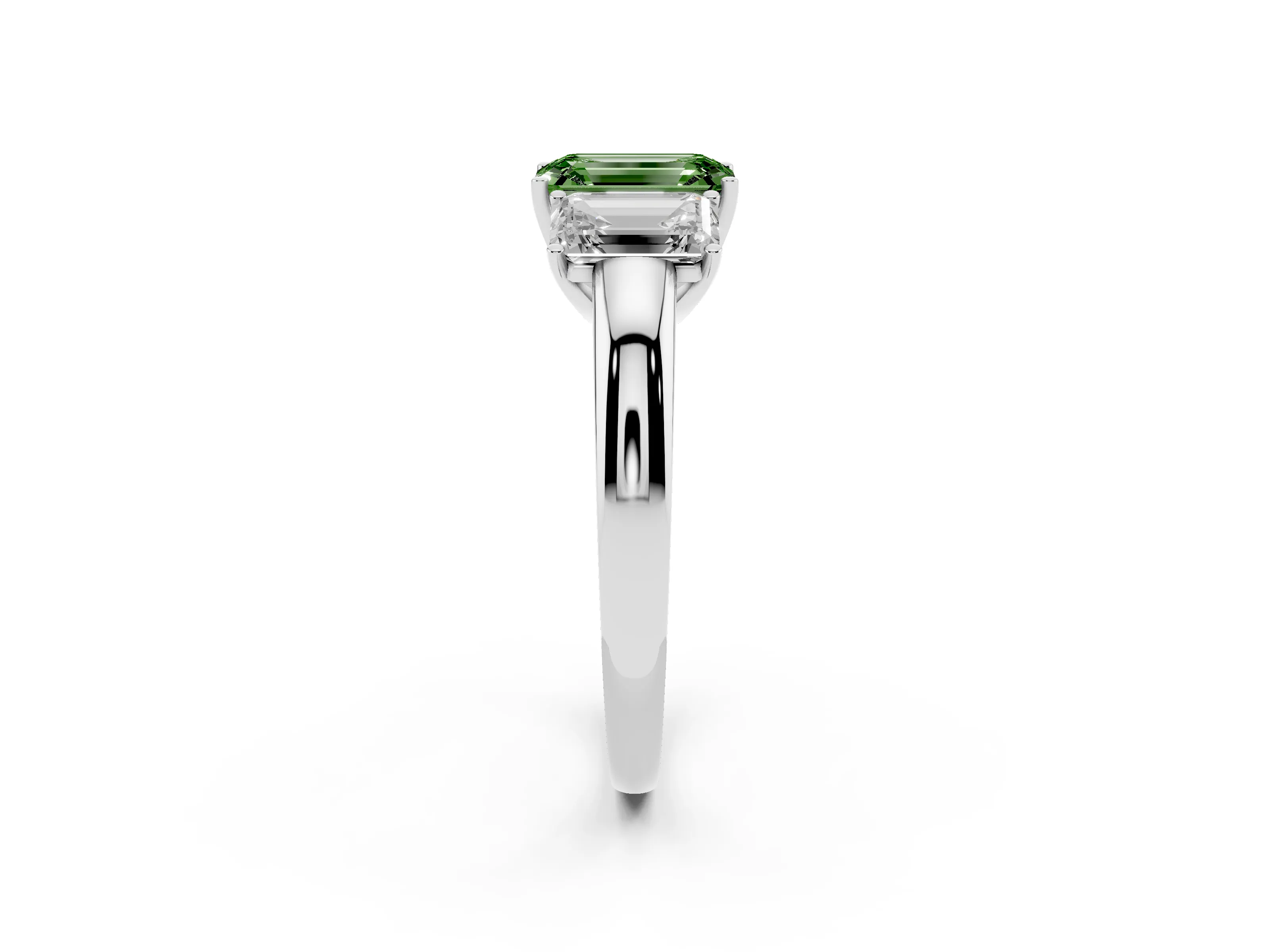 Fancy Green Emerald Cut Diamond Three-Stone Ring Set in Platinum with Bold Center and Classic Band