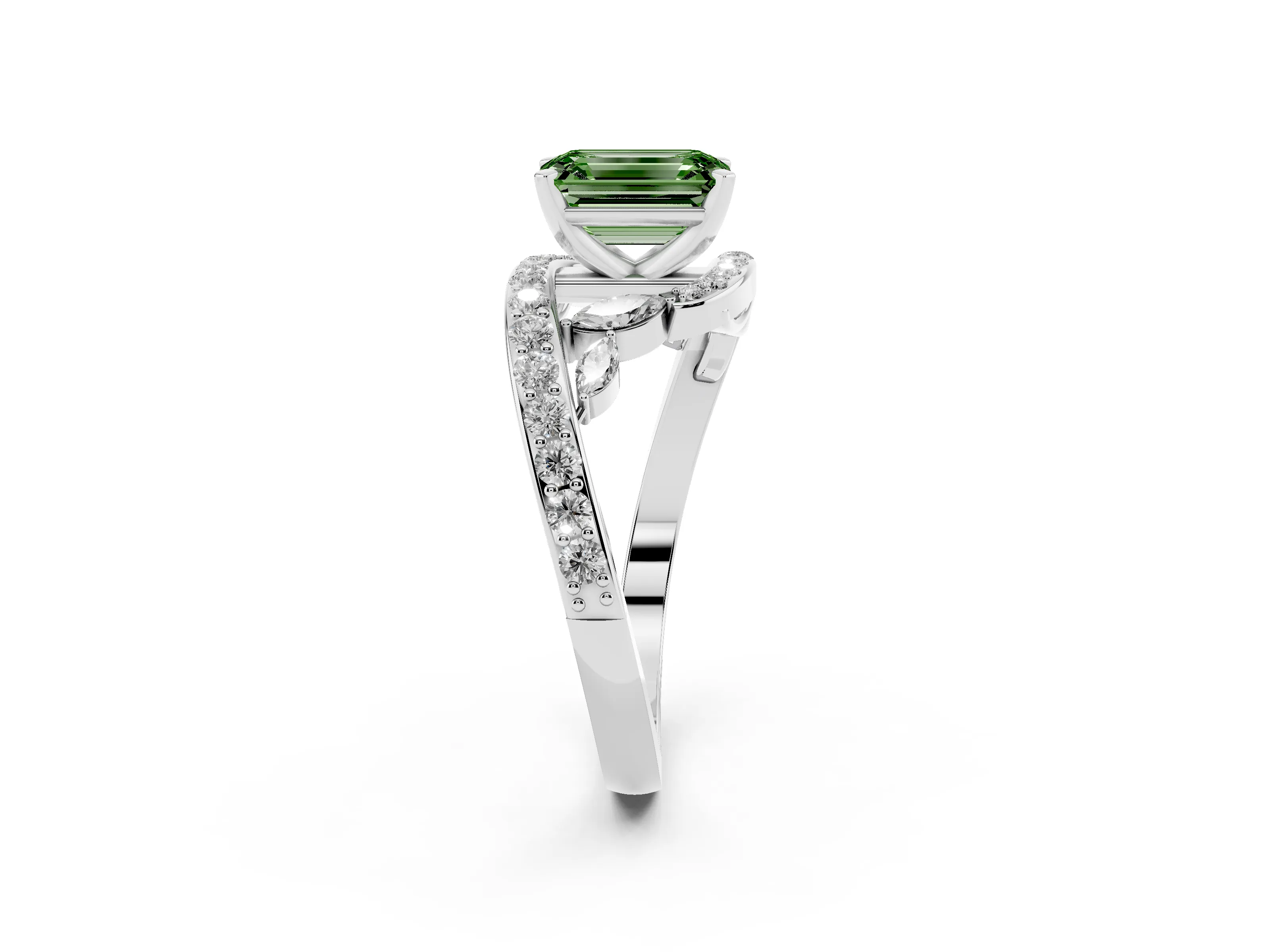 Fancy Green Emerald Cut Diamond Solitaire Ring Set in Platinum with Pavé Twist Band and Secure Prong Setting