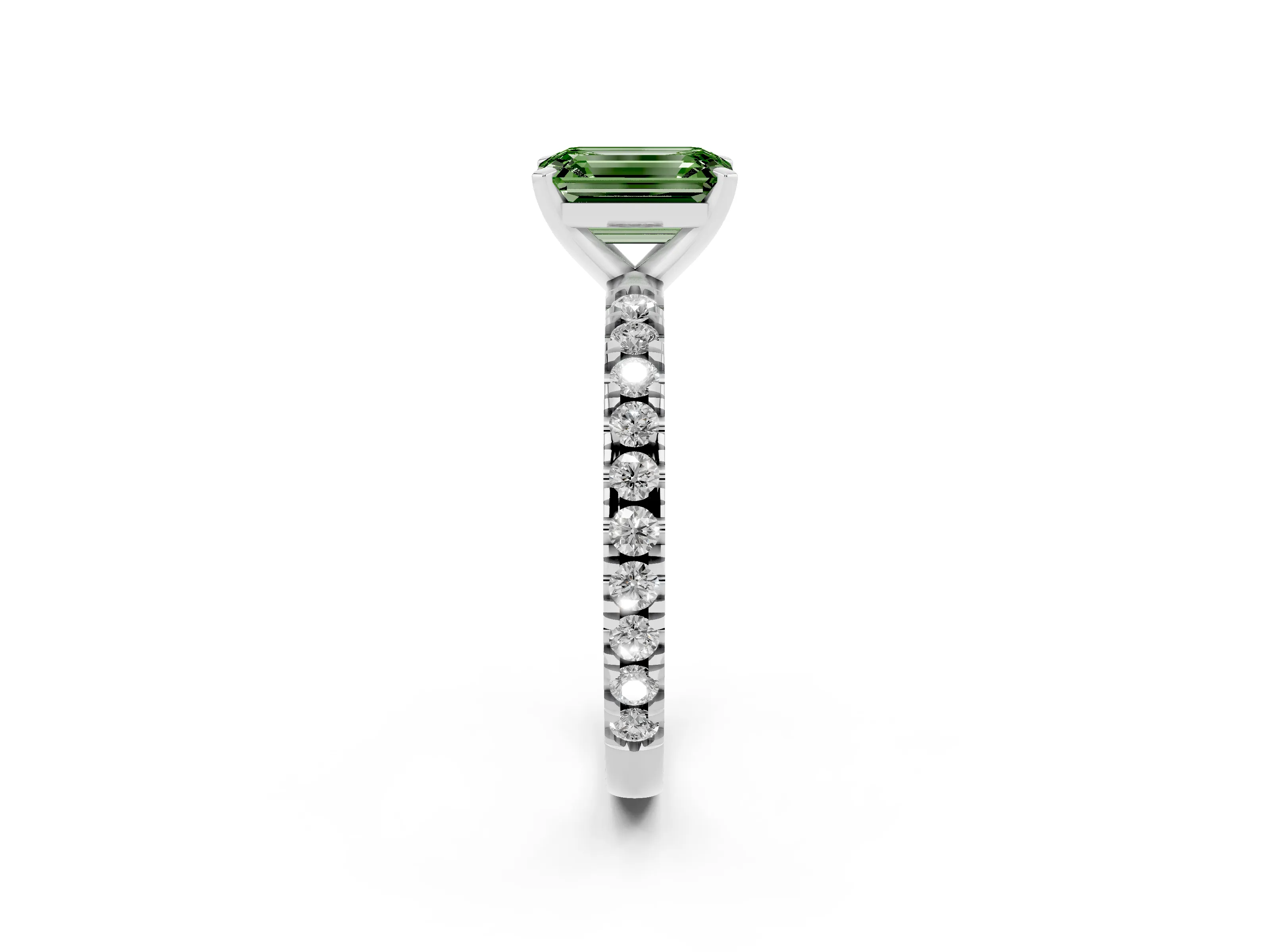 Fancy Green Emerald Cut Diamond Pavé Band Solitaire Set in Platinum with Prong Setting