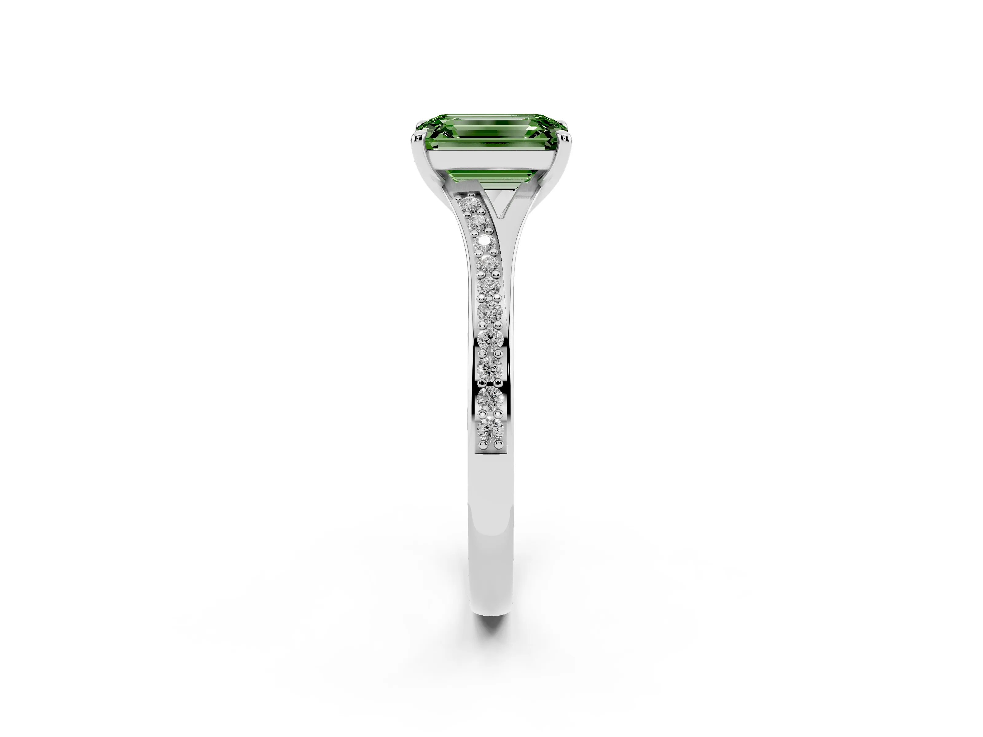 Fancy Green Emerald Cut Diamond Solitaire Ring Set in Silver with Pavé Accent Band and Classic Prong Setting