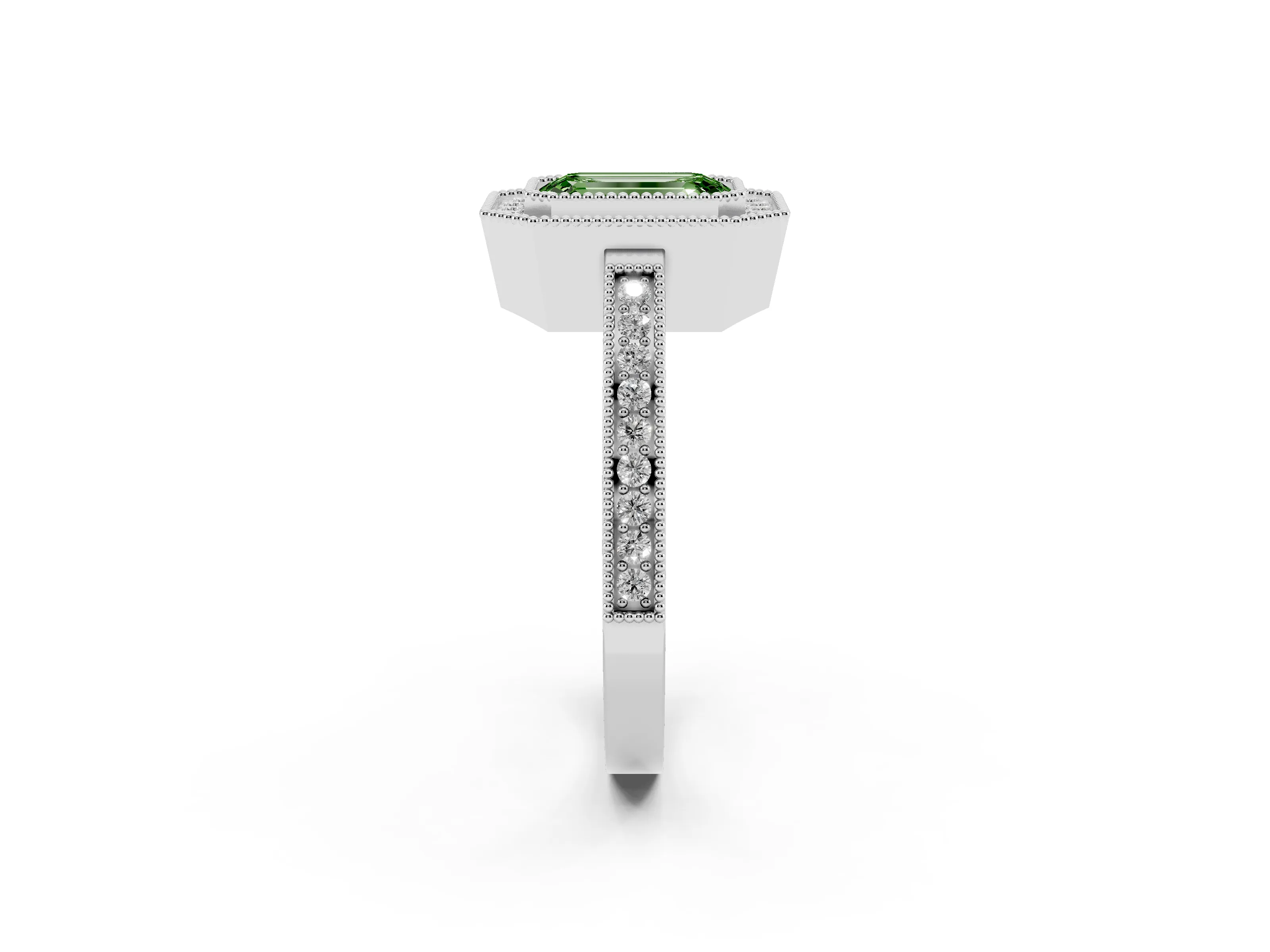 Fancy Green Emerald Cut Diamond Halo Ring Set in White gold with Pavé Band and Milgrain-Edged Prongs