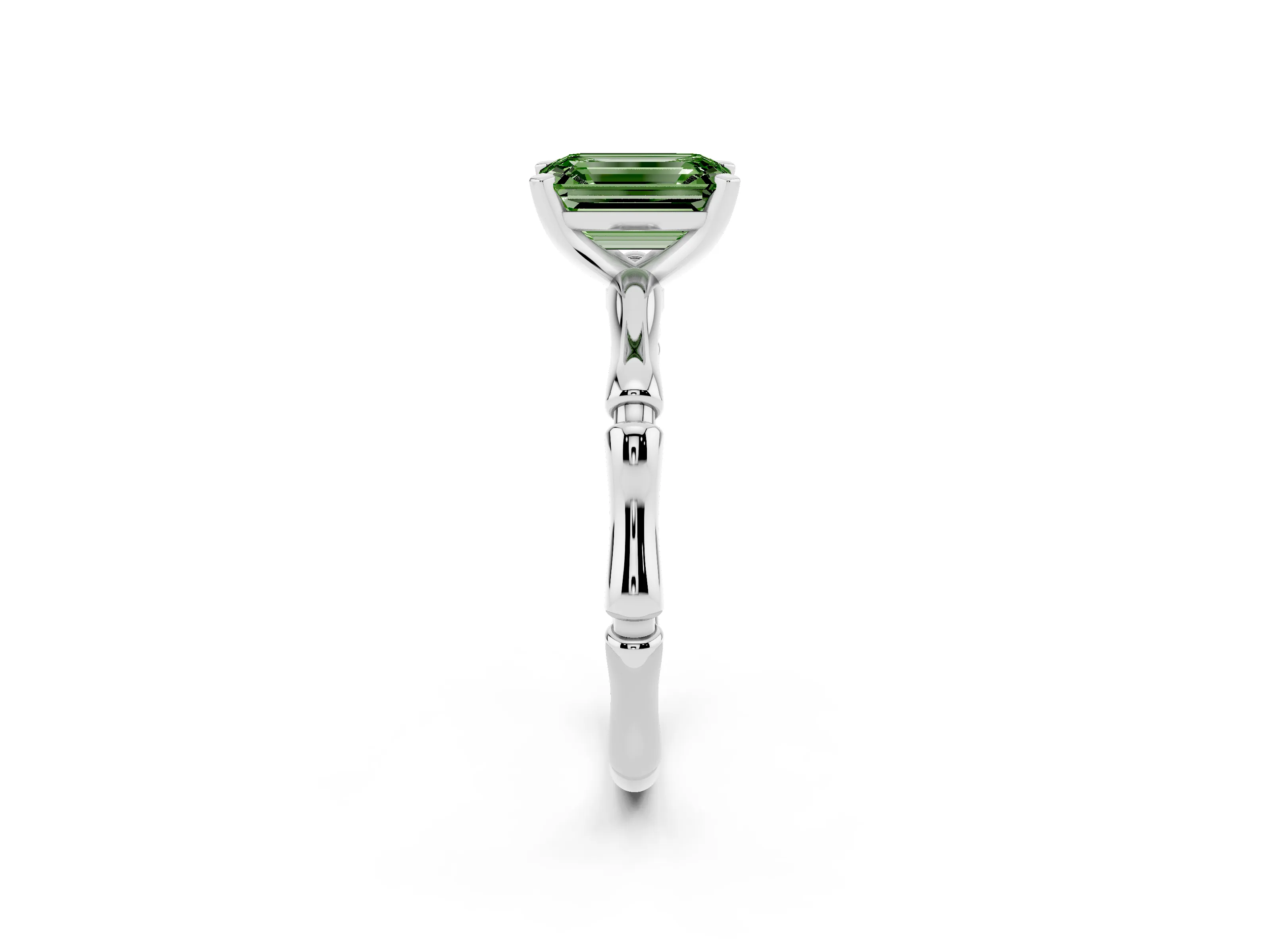 Fancy Green Emerald Cut Diamond Solitaire Ring Set in Platinum with Bamboo Band and Prong Setting