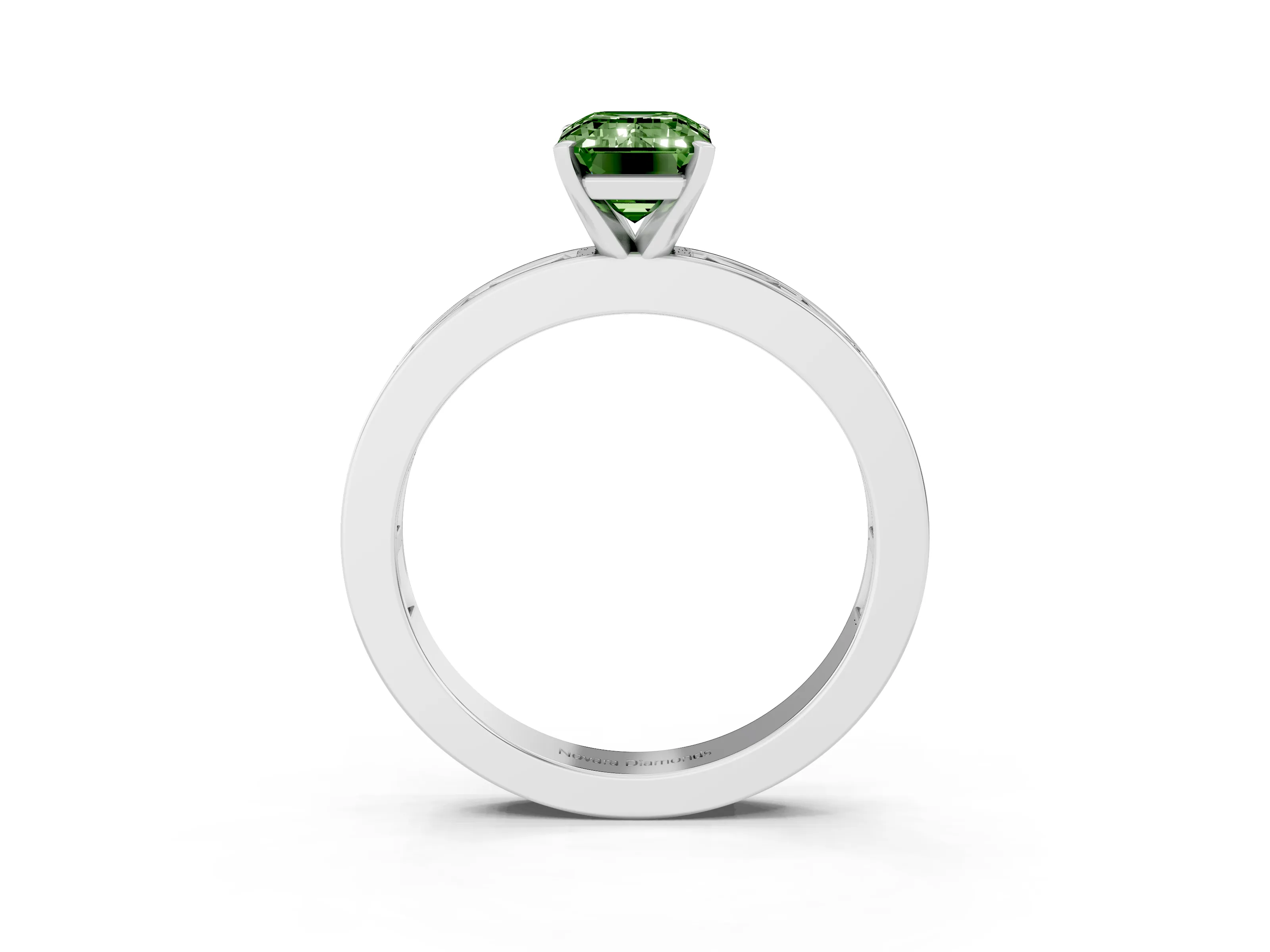 Fancy Green Emerald Cut Diamond Solitaire Ring Set in Platinum with Channel-Set Baguette Band and Prong Setting