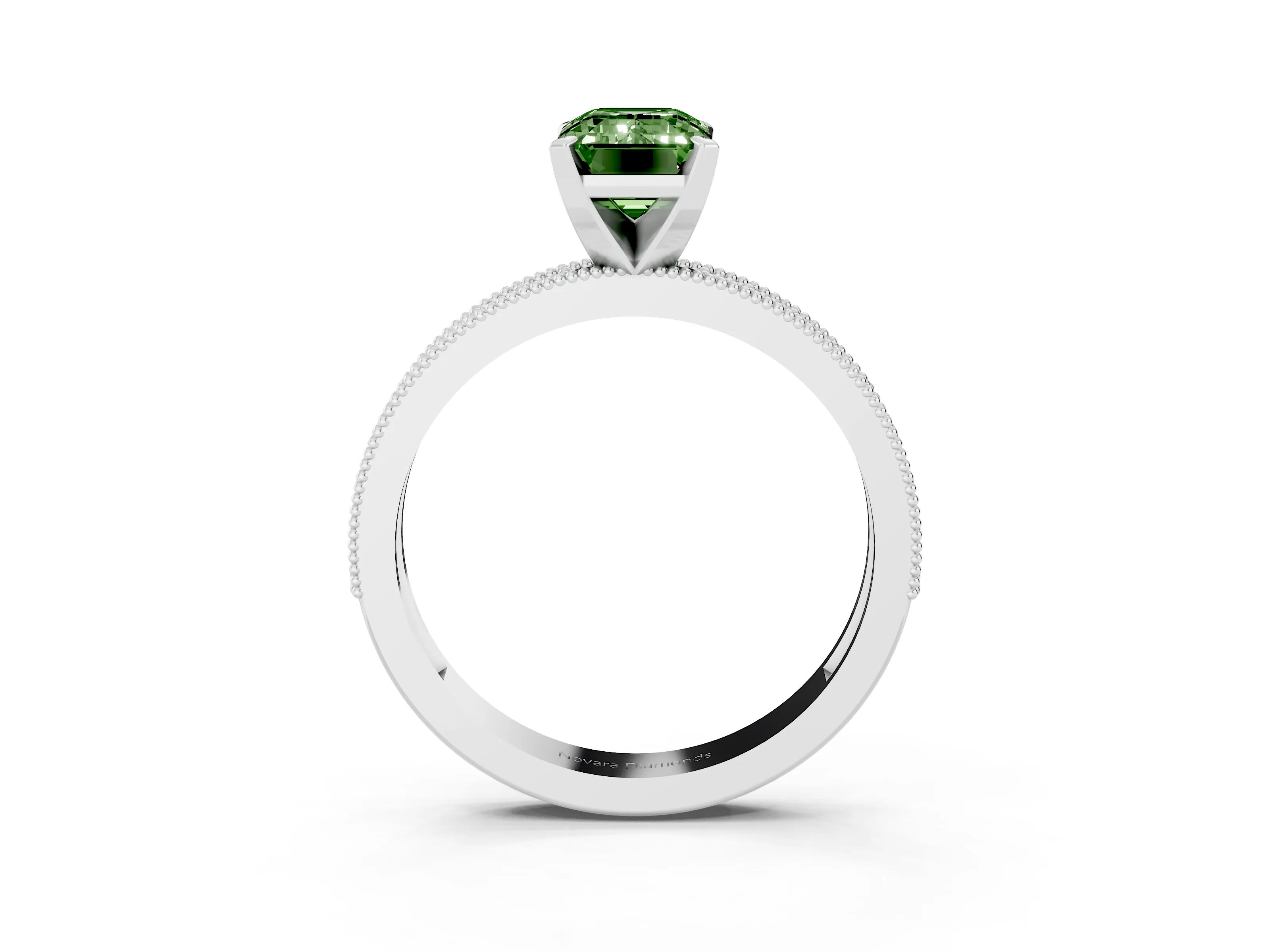 Fancy Green Emerald Cut Diamond Milgrain Pavé Engagement Ring Set in White gold with Prong Setting