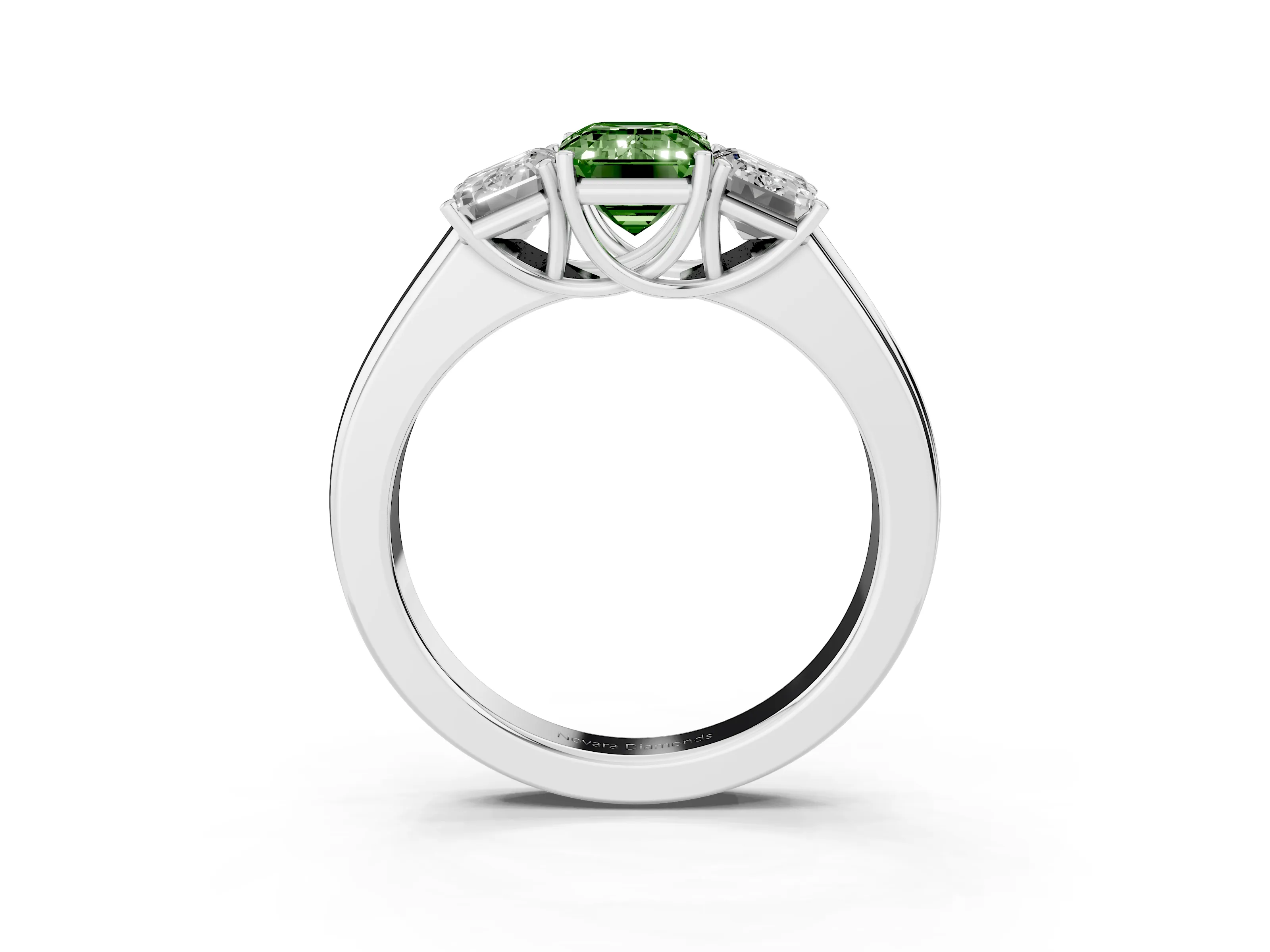 Fancy Green Three-Stone Emerald Cut Diamond Ring Set in Platinum with Matching Prong Settings and Plain Band