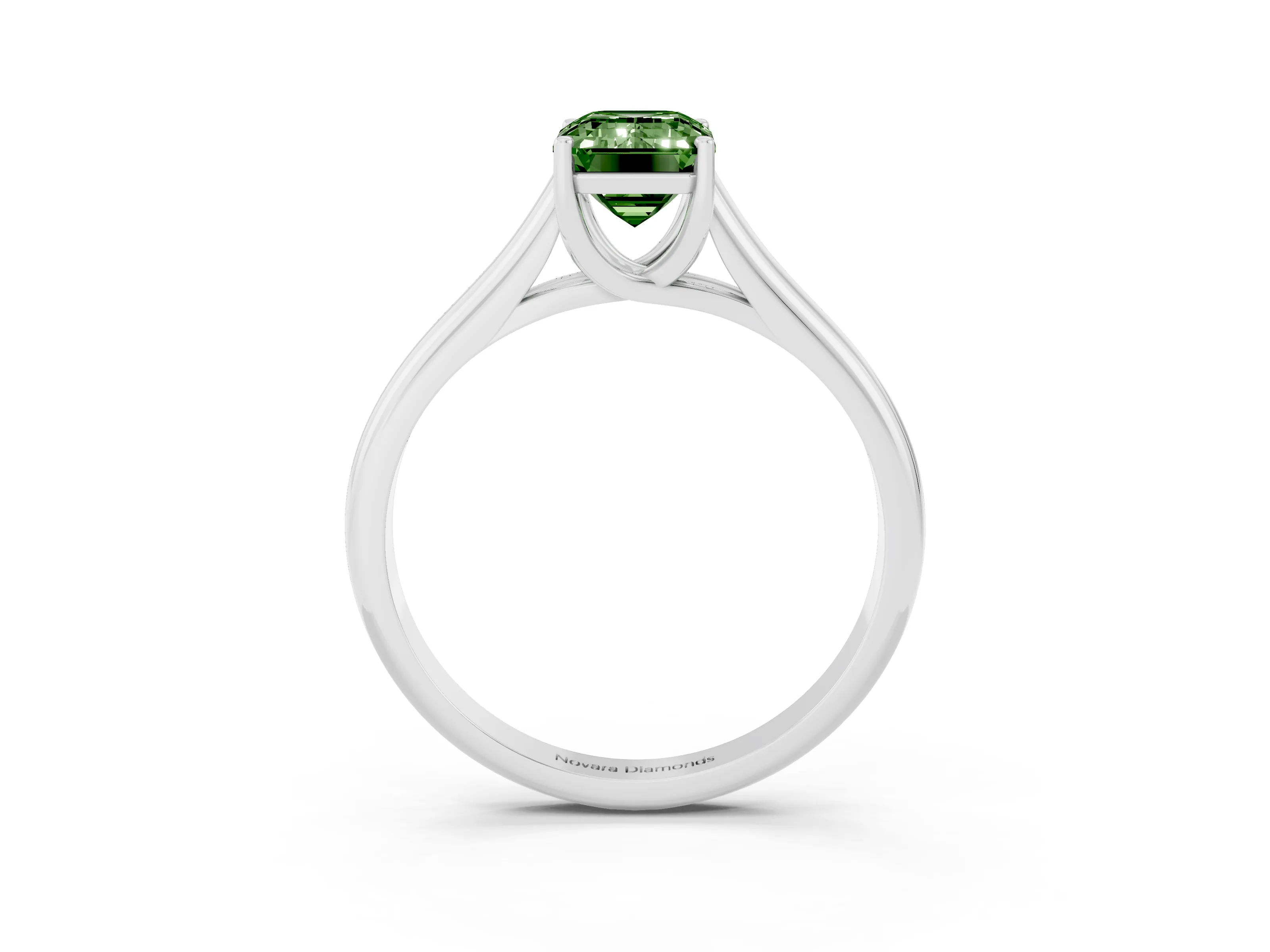 Fancy Green Emerald Cut Diamond Solitaire Engagement Ring Set in White gold with Subtly Tapered Band and Prong Setting