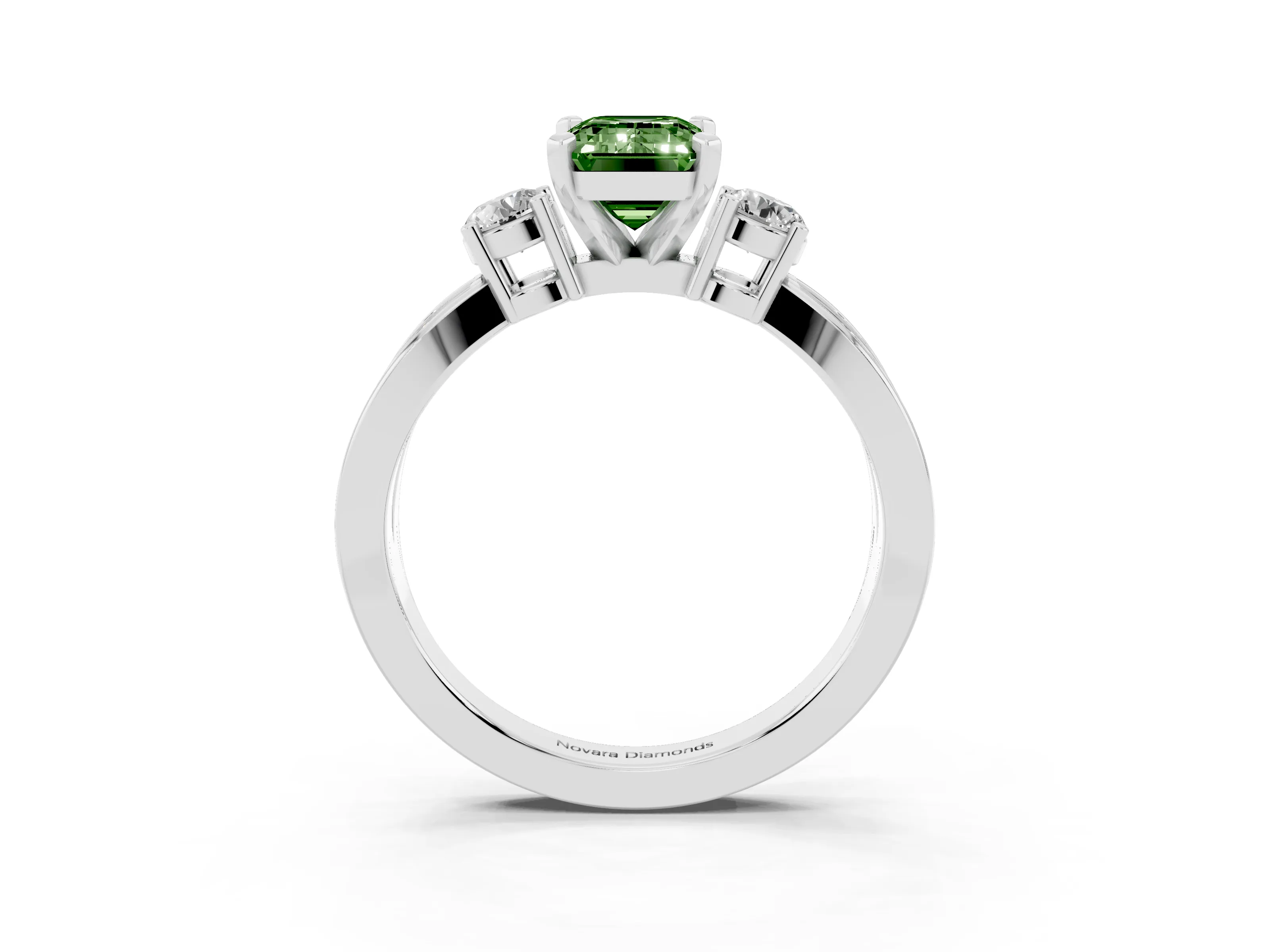 Fancy Green Three-Stone Emerald Cut Diamond Twist Band Ring Set in White gold with Pavé Accents and Prong Setting