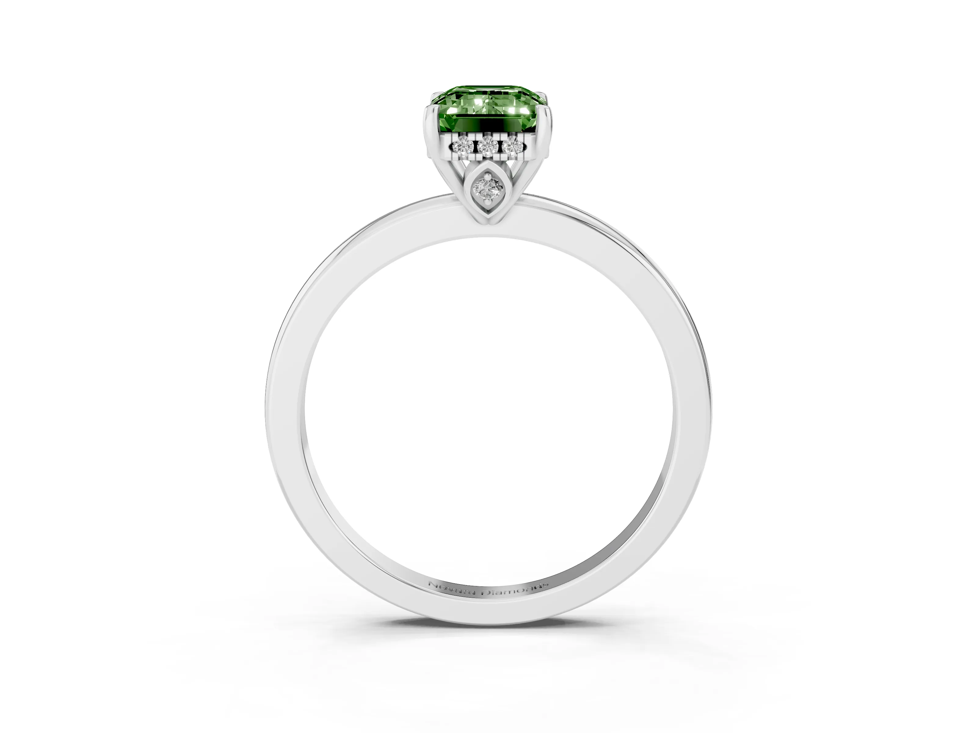 Fancy Green Emerald Cut Diamond Solitaire Ring Set in Silver with Plain Band and Prong Setting