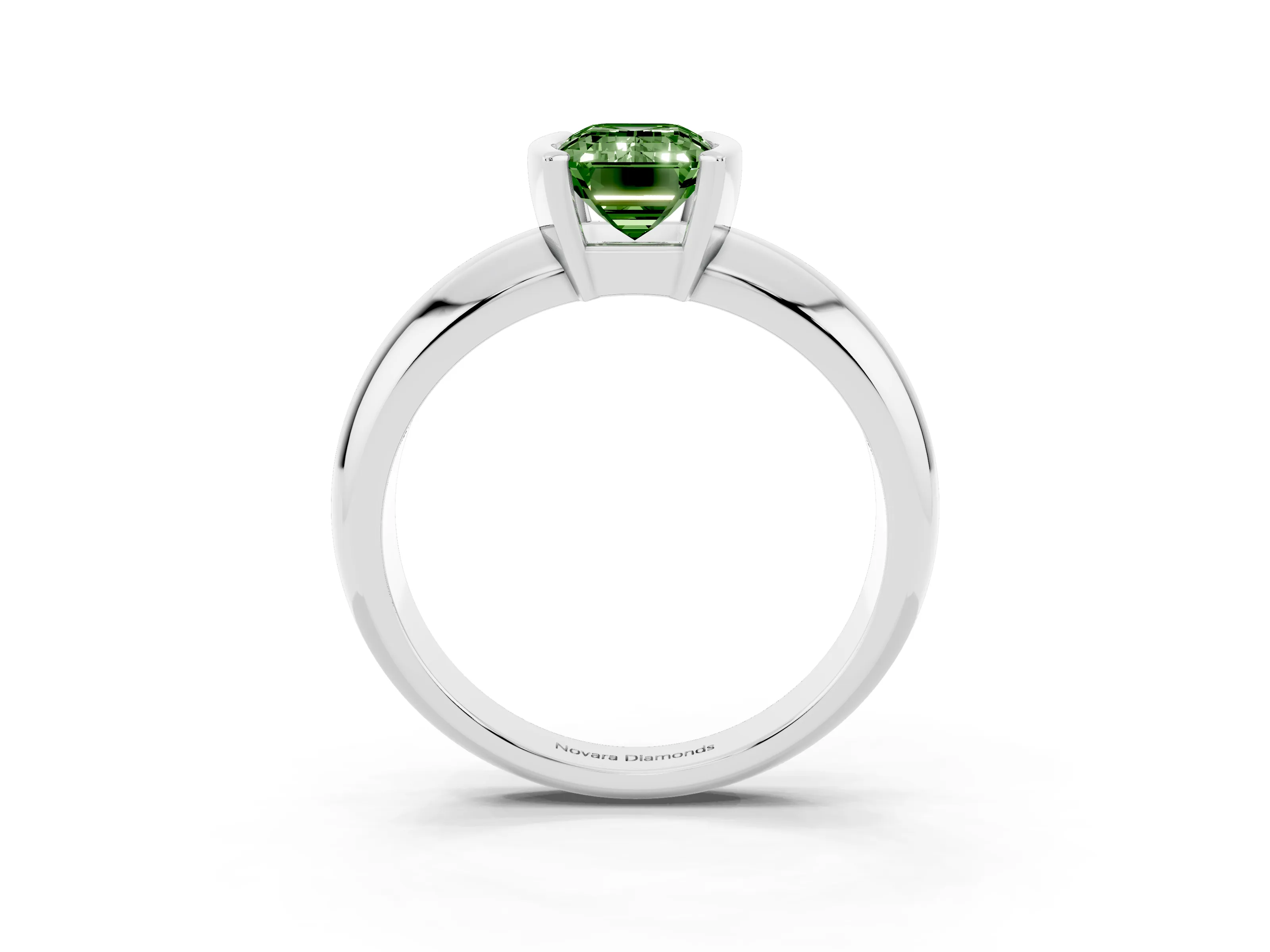 Fancy Green Emerald Cut Diamond Solitaire Tension Set Ring Set in White gold with Wide Band