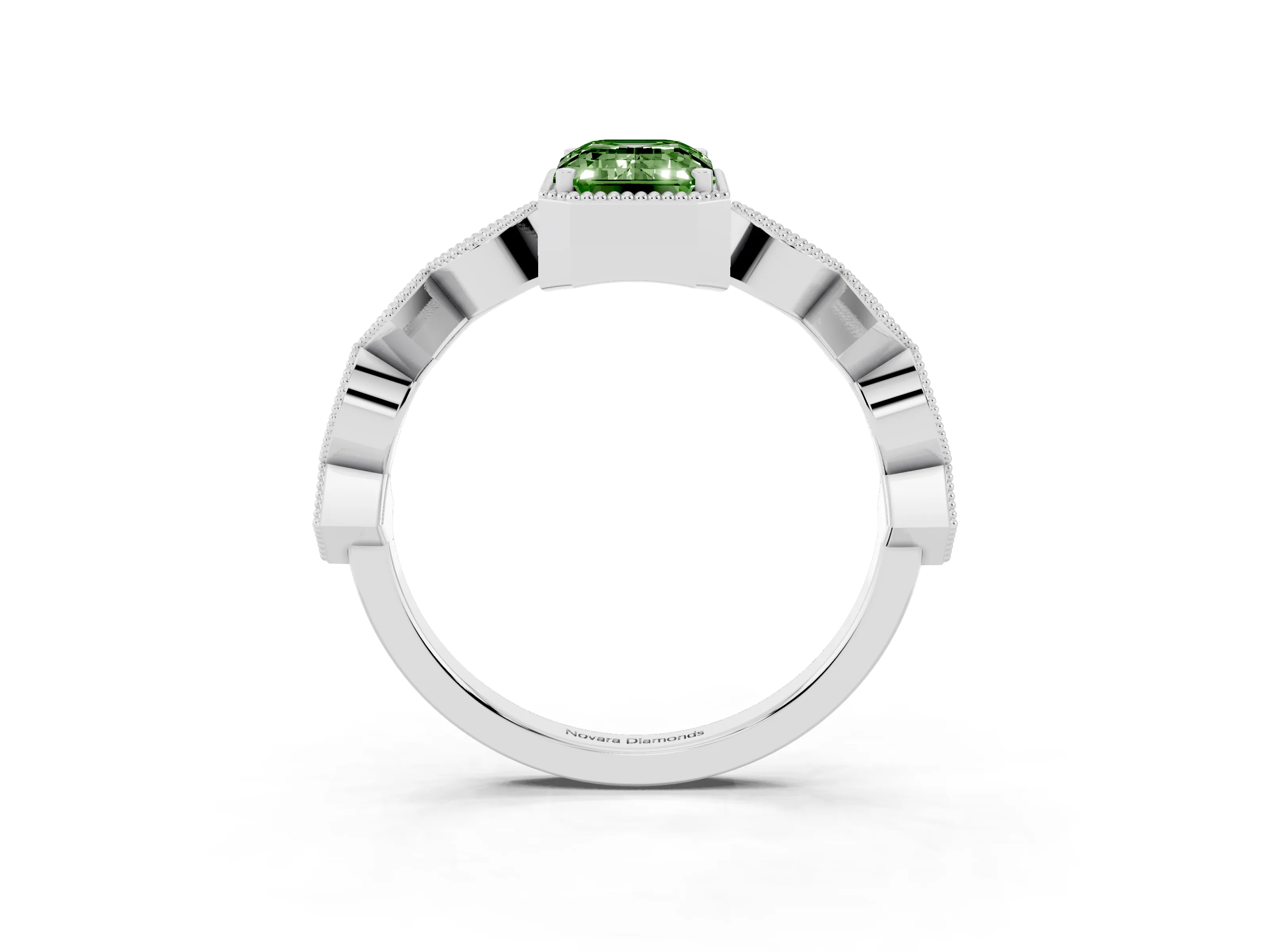 Fancy Green Emerald Cut Diamond Milgrain Marquise Twist Band Ring Set in White gold with Prong Setting