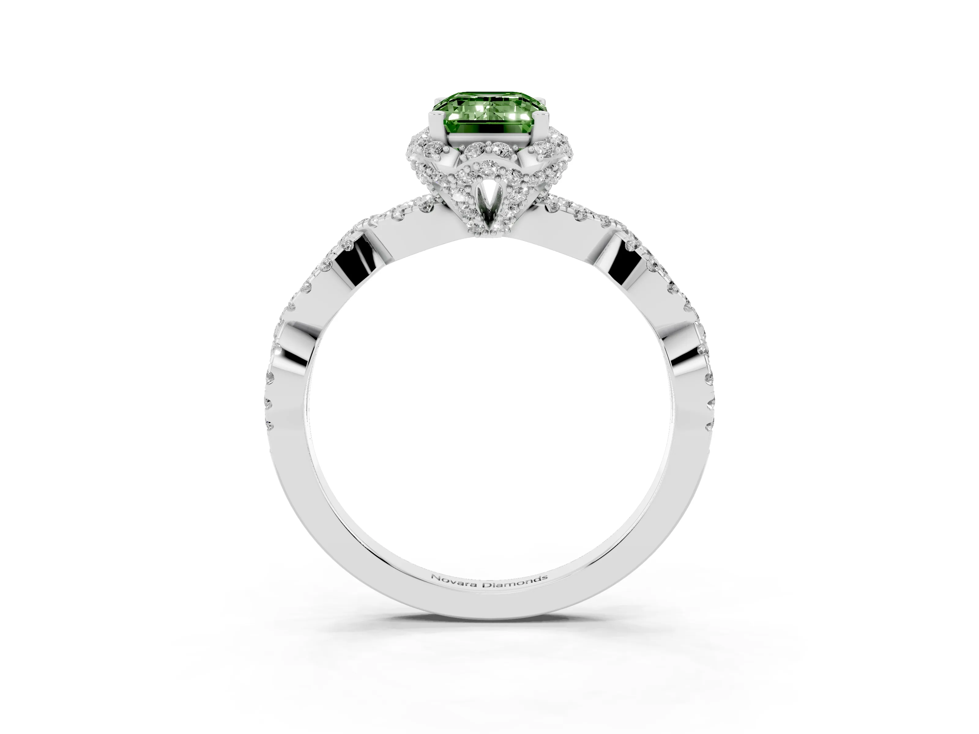 Fancy Green Emerald Cut Diamond Halo Twist Band Solitaire Ring Set in White gold with Prong-Set Center Stone