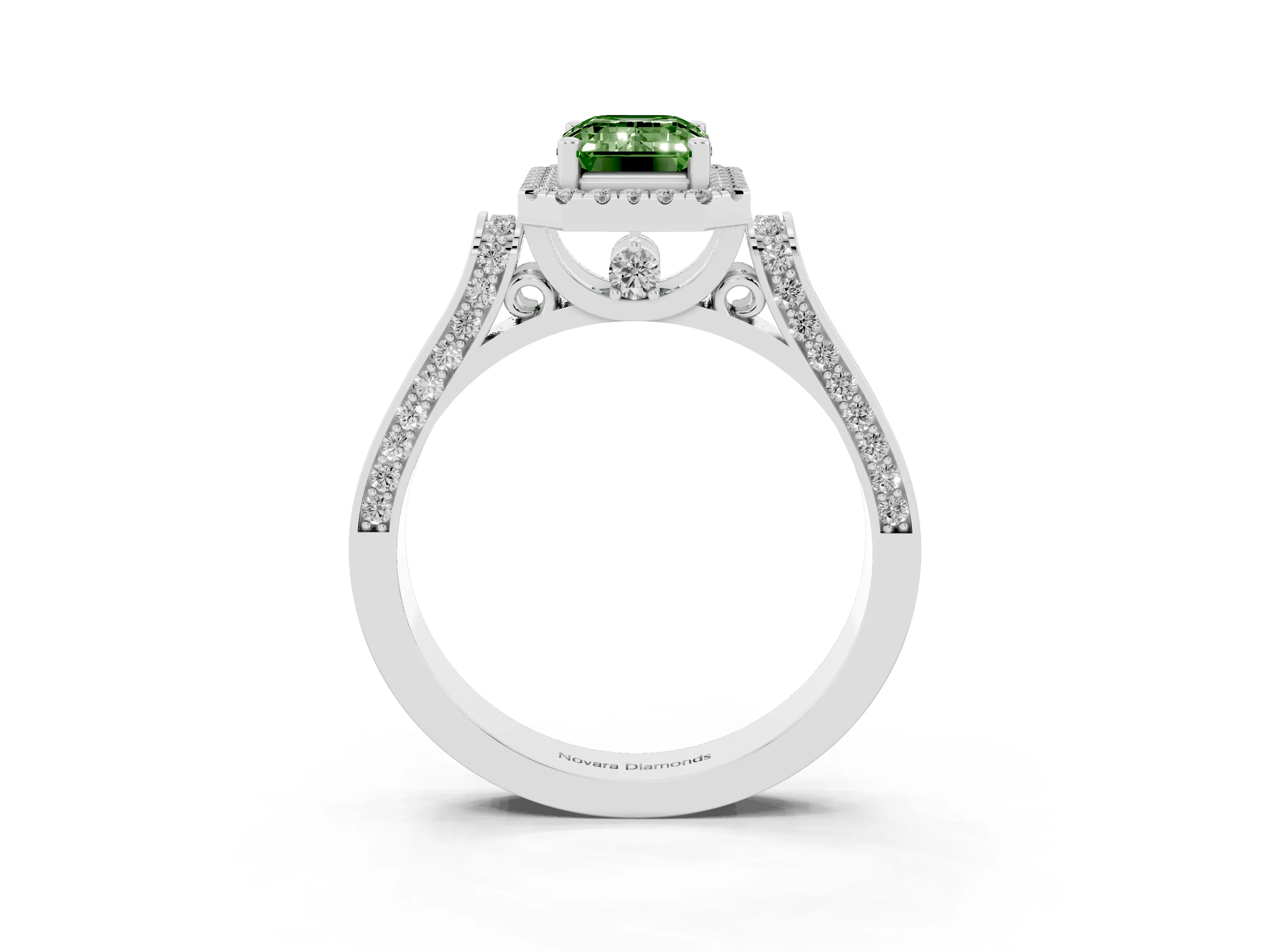 Fancy Green Emerald Cut Diamond Halo Ring Set in Platinum with Pavé-Lined Split Shank Band