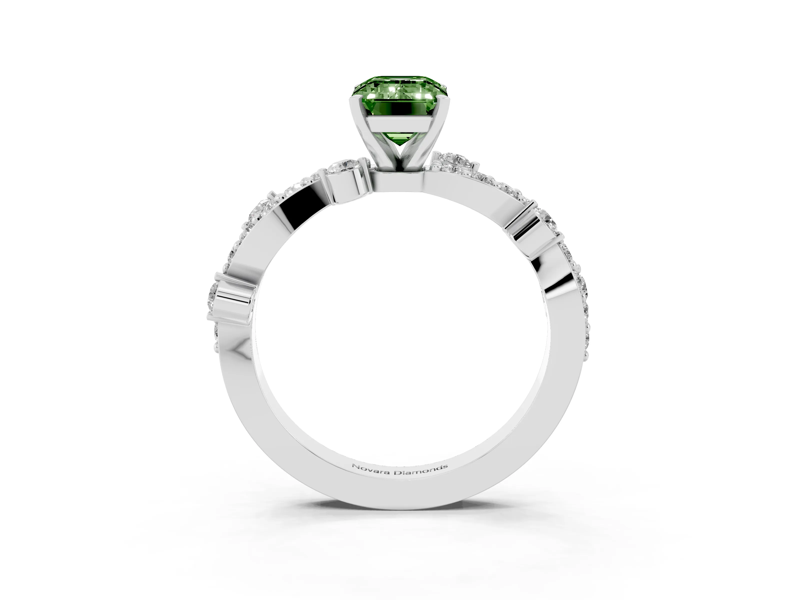 Fancy Green Emerald Cut Diamond Solitaire Twisted Band Set in Silver with Pavé Setting
