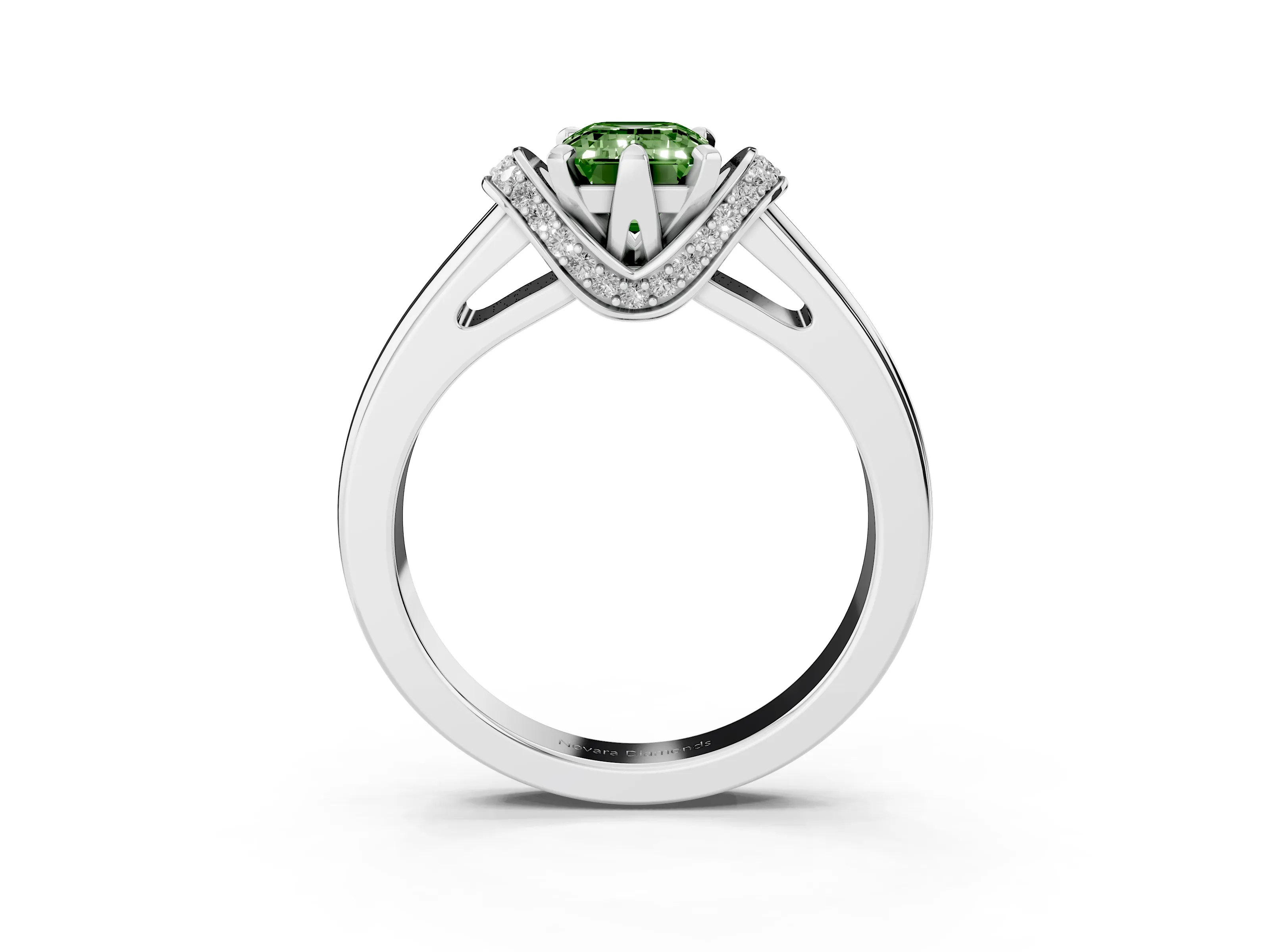 Fancy Green Emerald Cut Diamond Pavé Band Solitaire Ring Set in Platinum with Prong Setting
