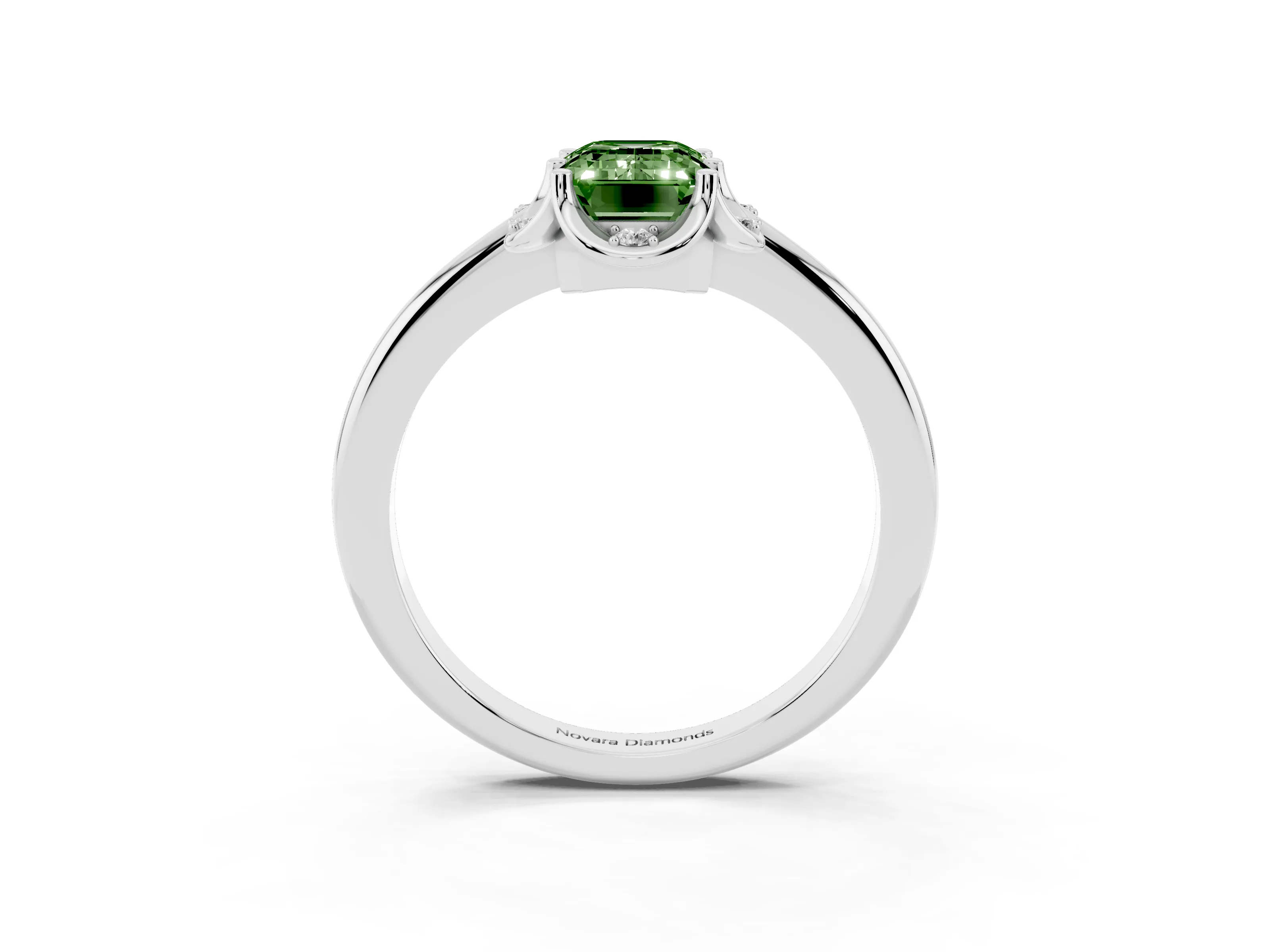 Fancy Green Emerald Cut Diamond Round Cluster Halo Ring Set in Platinum with Solitaire Band and Prong Setting