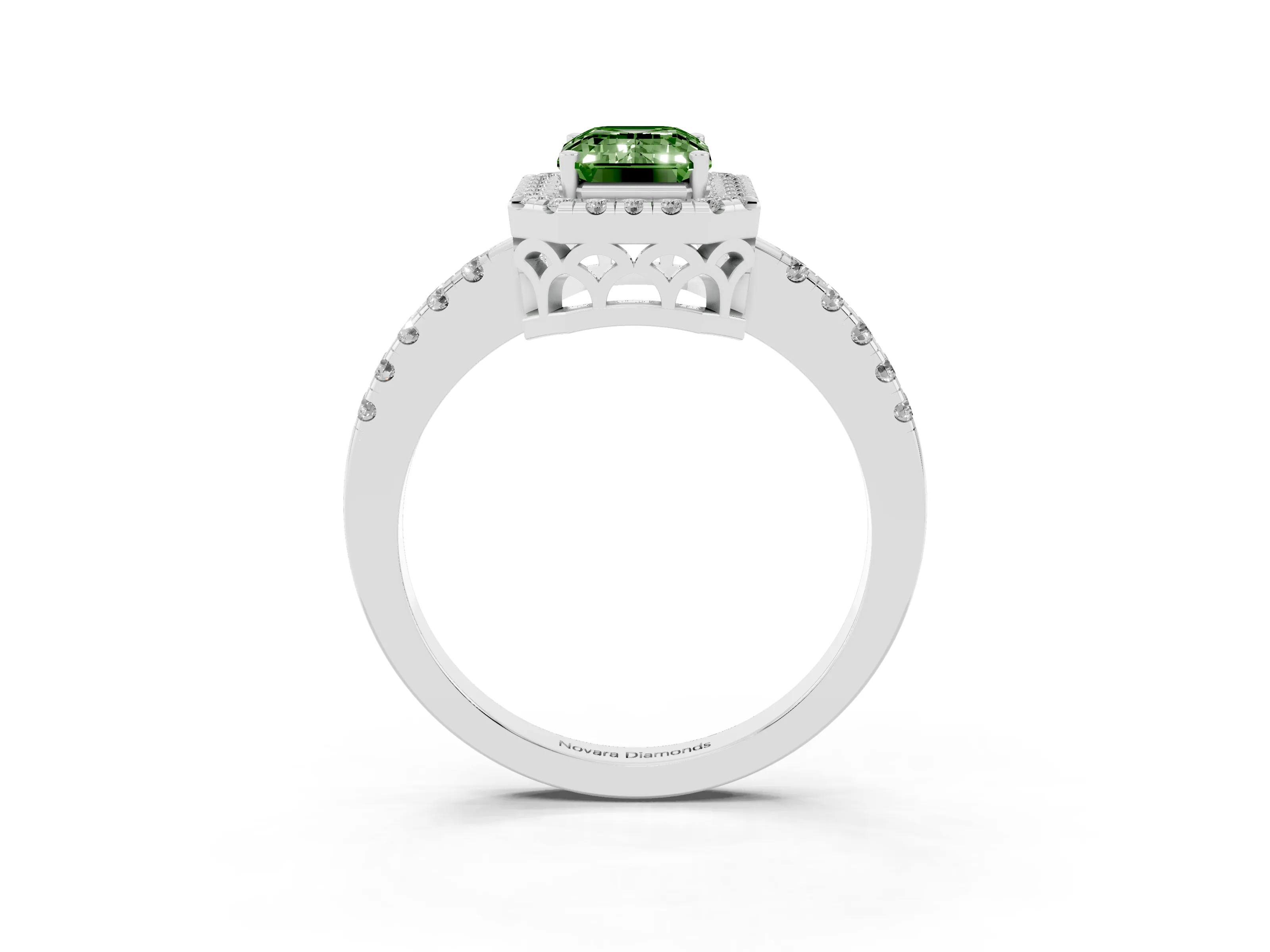 Fancy Green Emerald Cut Diamond Pavé Band Halo Engagement Ring Set in Silver with Prong Setting