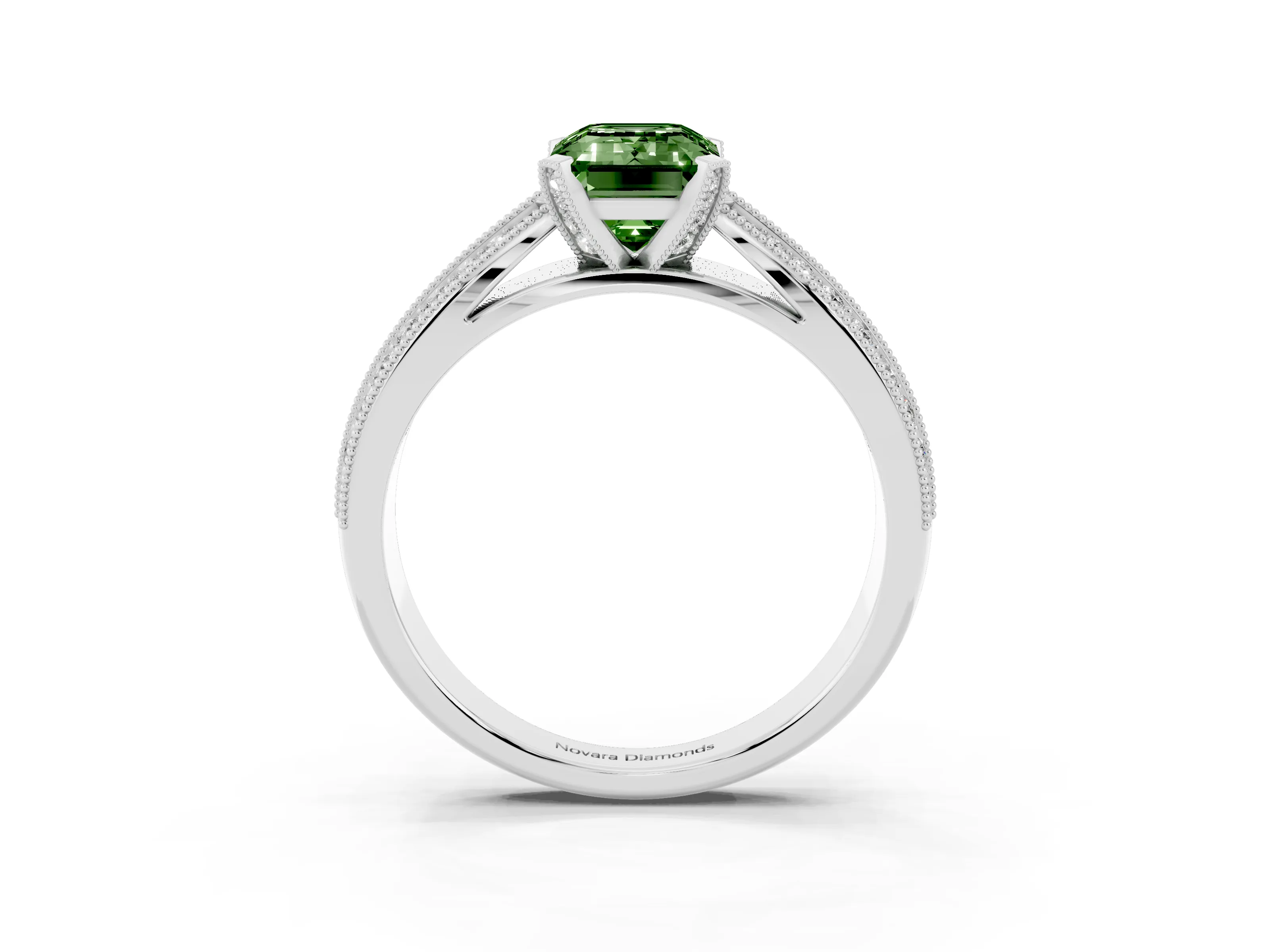 Fancy Green Emerald Cut Diamond Solitaire Ring Set in Platinum with Milgrain Double Row Round Pavé Band