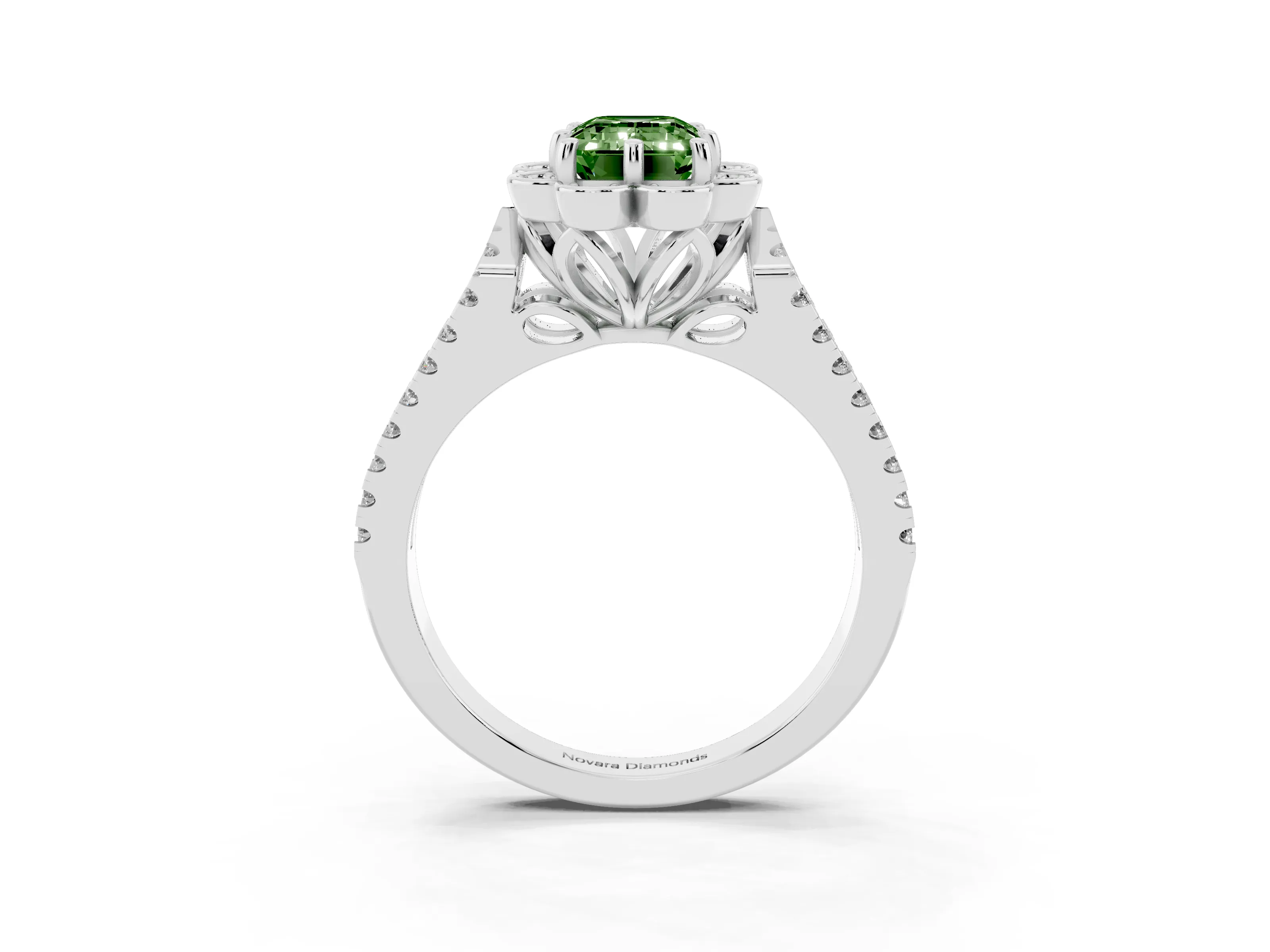 Fancy Green Emerald Cut Diamond Floral Halo Split Shank Engagement Ring Set in Silver with Pavé Shank