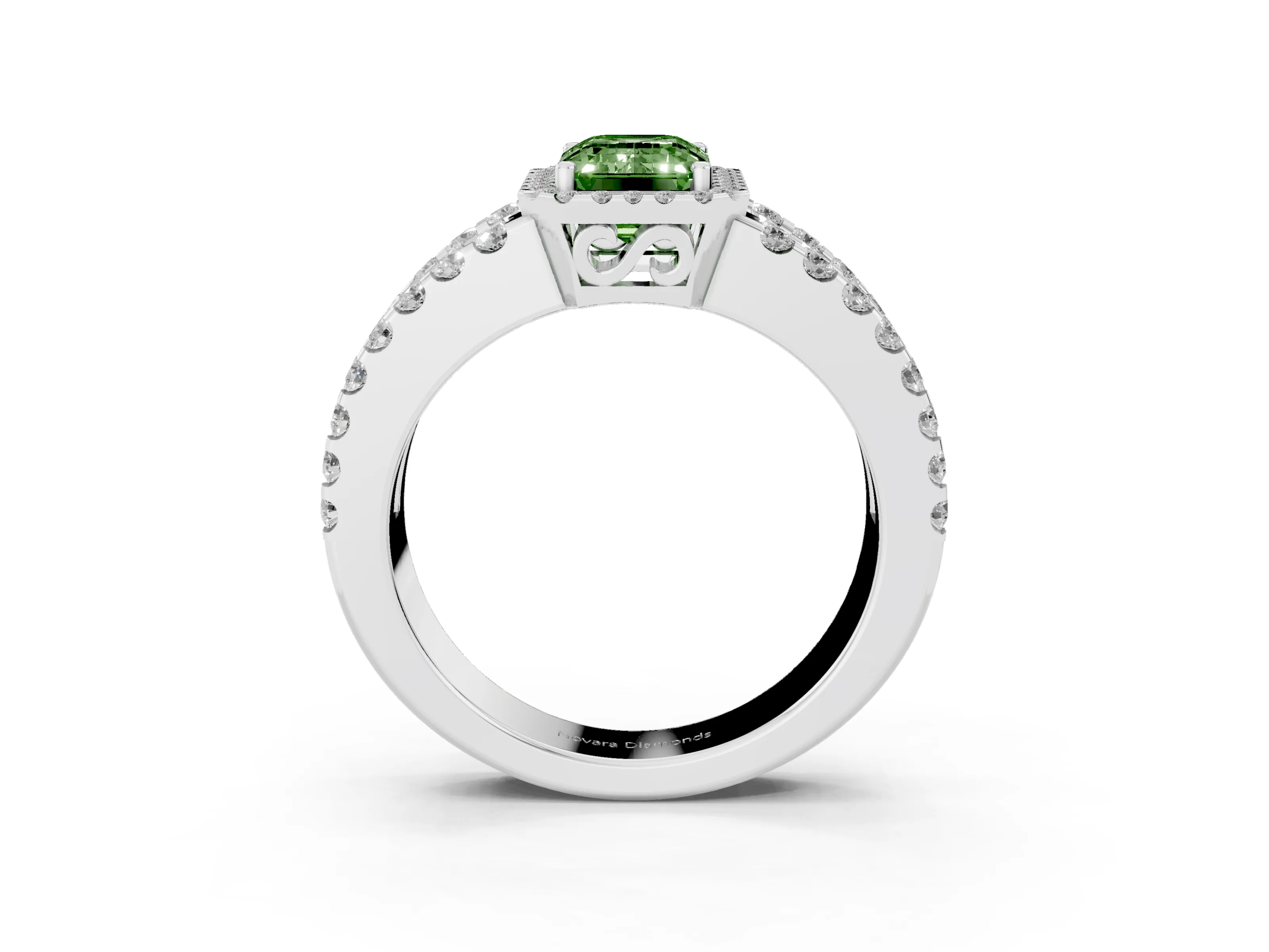 Fancy Green Emerald Cut Diamond Halo Ring Set in Silver with Pavé Split Shank and Prong Setting