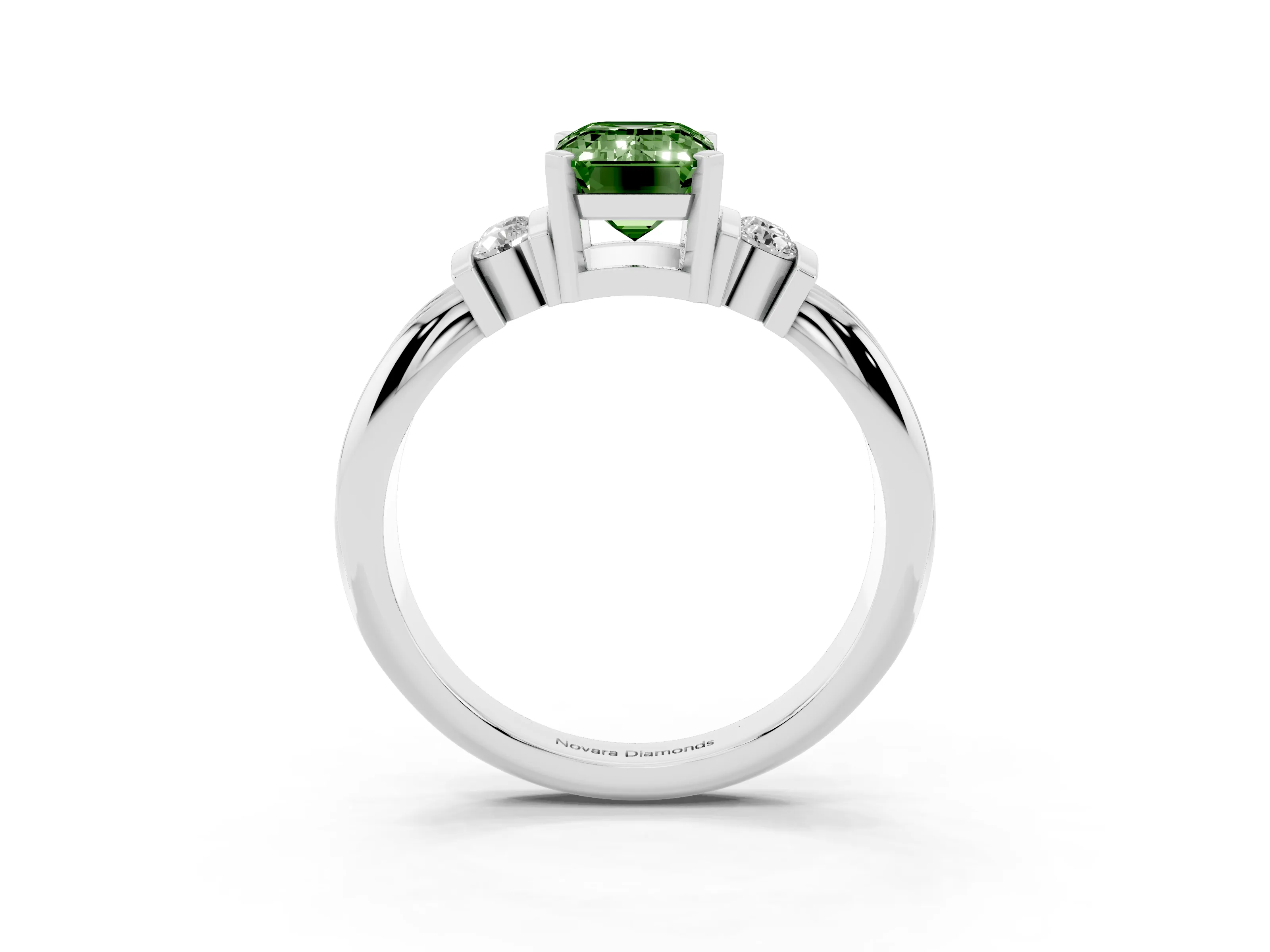 Fancy Green Three-Stone Emerald Cut Diamond Channel Set Ring Set in Silver with Bar Prongs