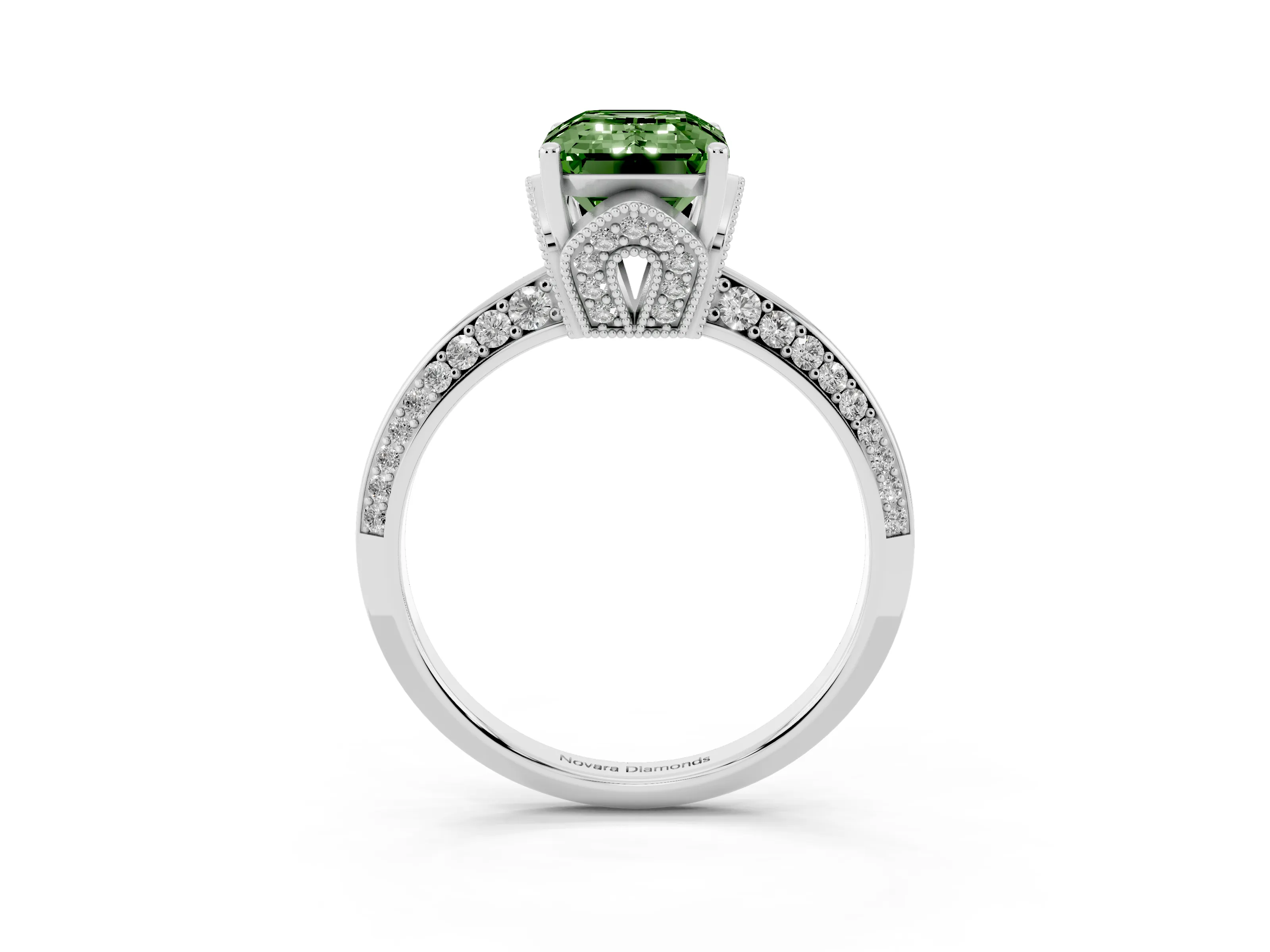 Fancy Green Emerald Cut Diamond Solitaire Engagement Ring Set in Platinum with Pavé Split Shank and Prong Setting
