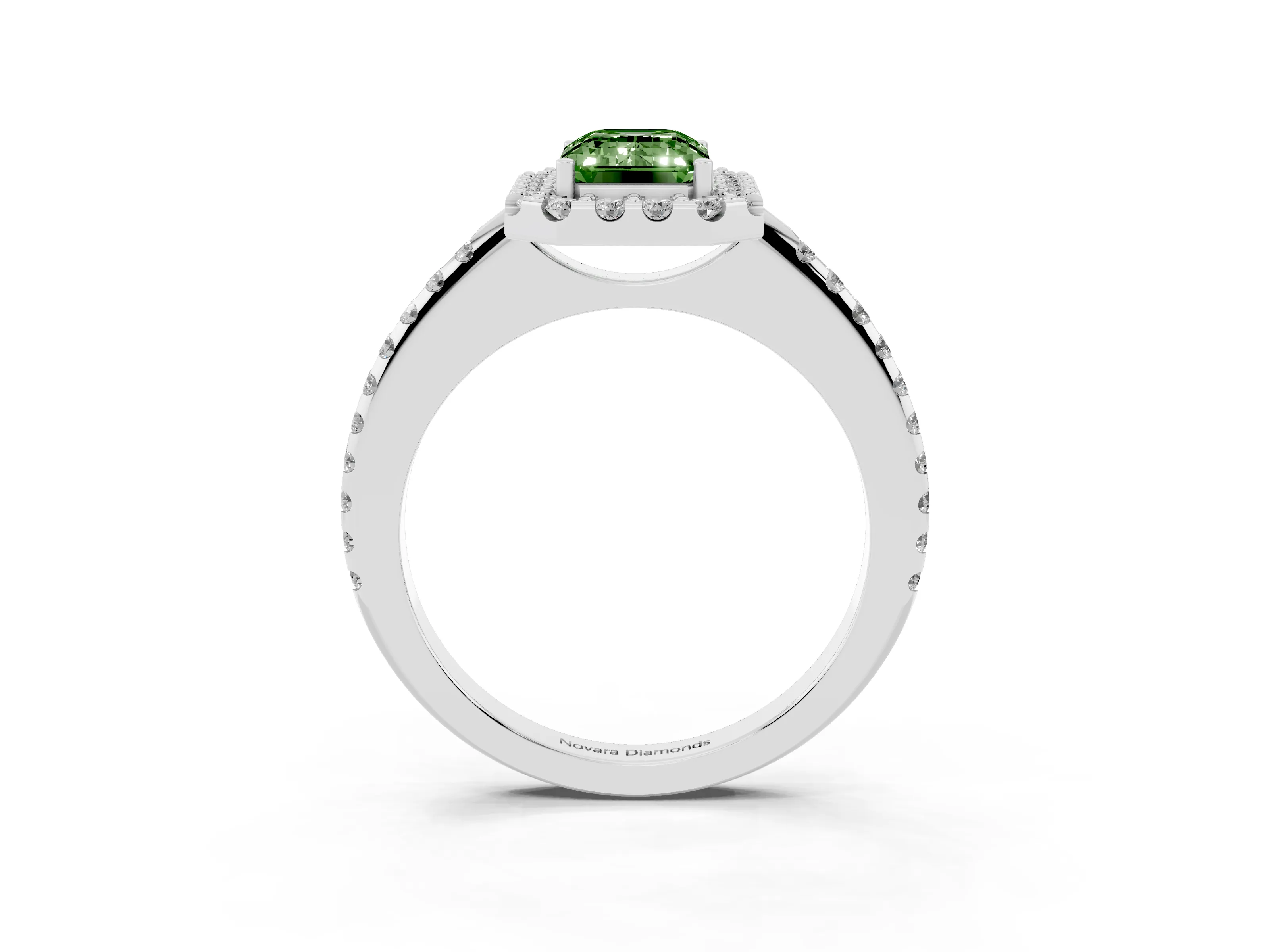 Fancy Green Emerald Cut Diamond Pavé Halo Ring Set in Platinum with Prong Setting