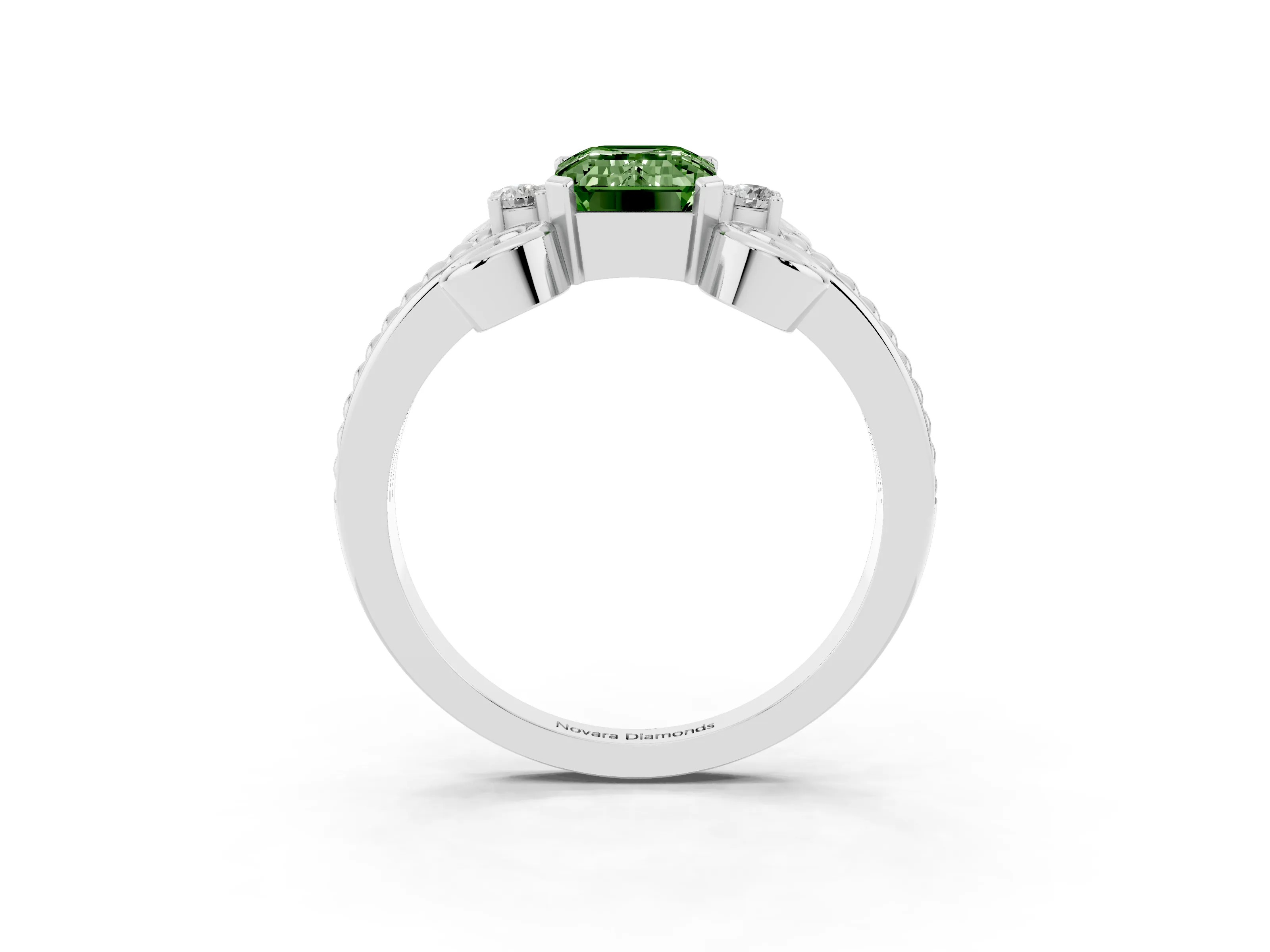 Fancy Green Emerald Cut Diamond Twisted Band Solitaire Ring Set in Platinum with Scroll Prongs