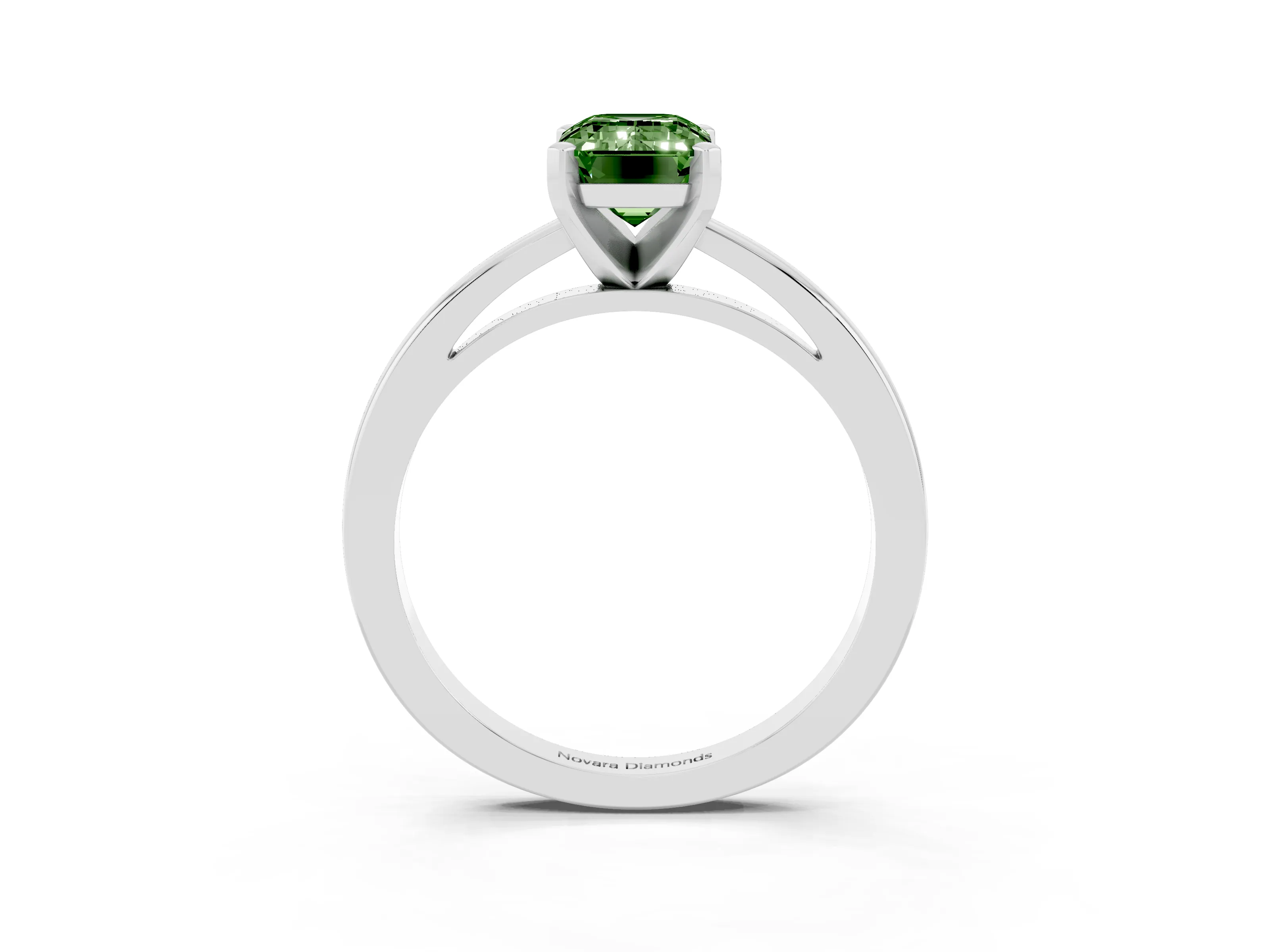 Fancy Green Emerald Cut Diamond Solitaire Engagement Ring Set in Platinum with Prong Setting on a Classic Band