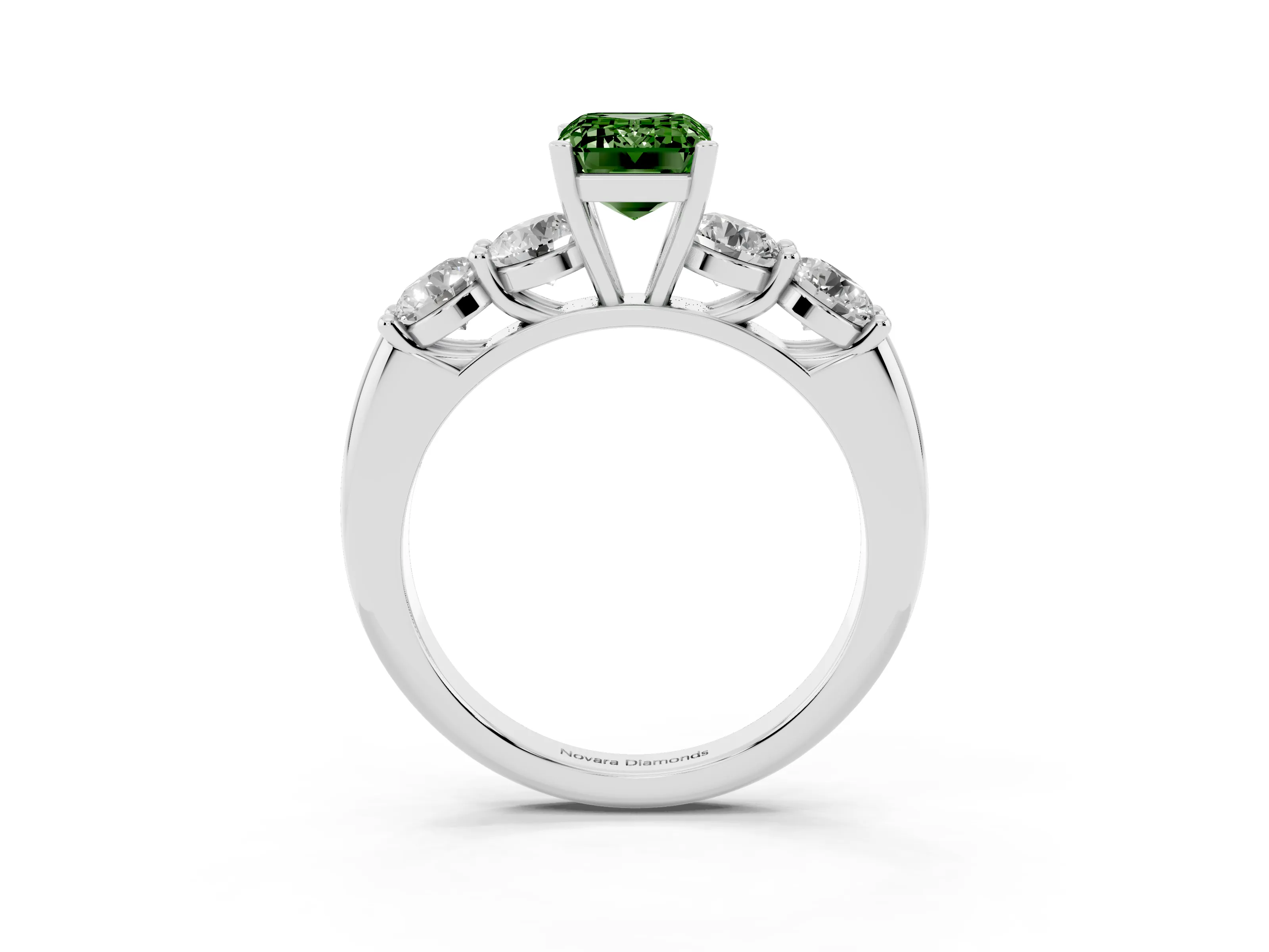 Fancy Green Emerald Cut Diamond Five-Stone Prong Set Ring Set in Silver with Classic Band