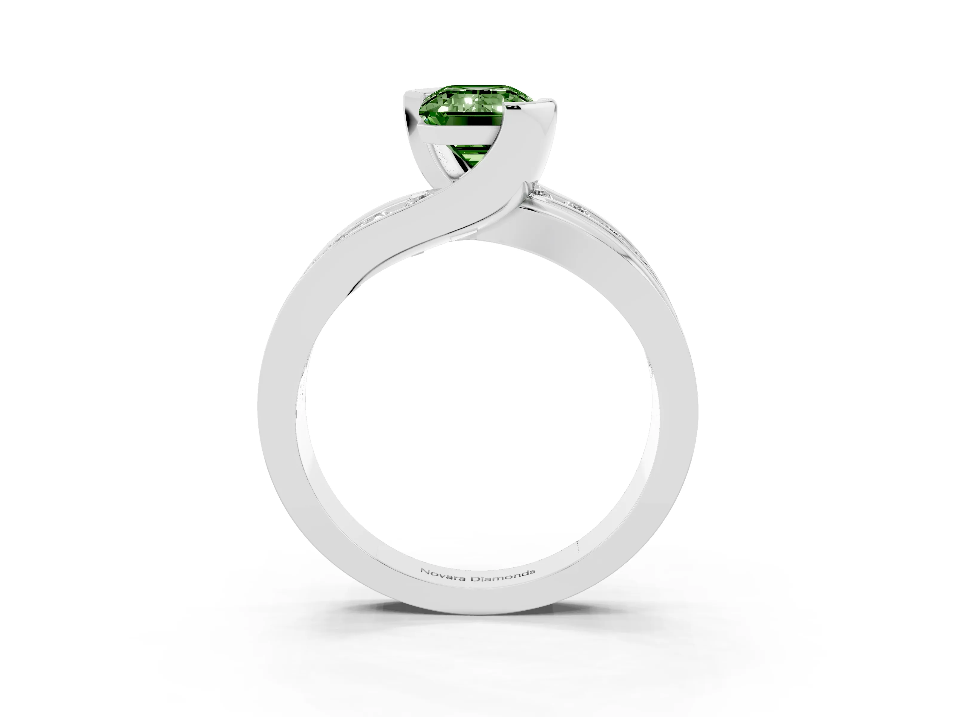 Fancy Green Emerald Cut Diamond Solitaire Ring Set in Platinum with Channel Set Split Shank and Tension Prongs