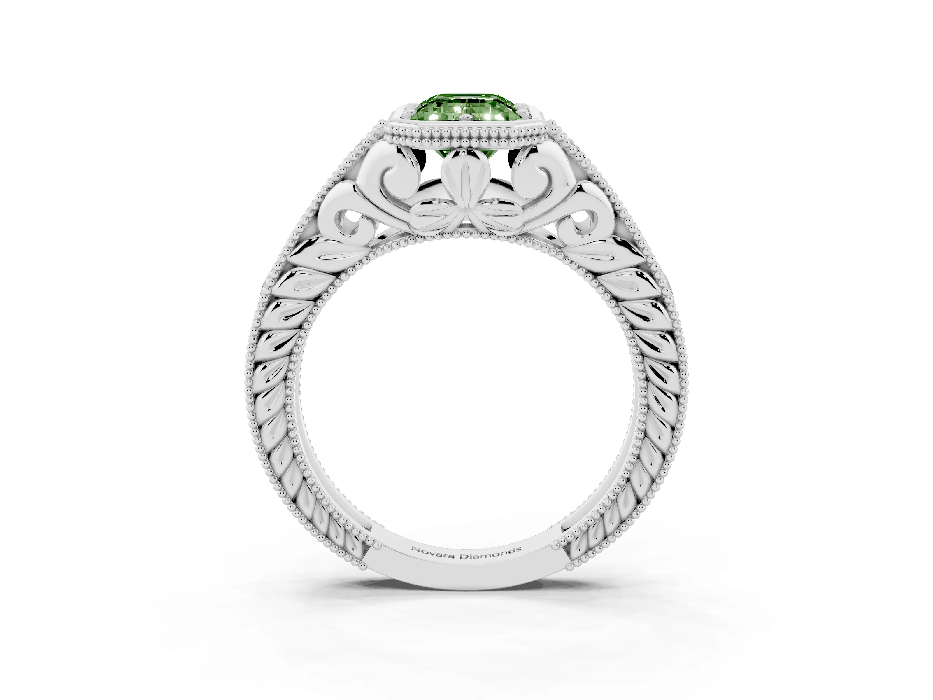Fancy Green Bezel Set Emerald Cut Diamond Milgrain Pavé Engagement Ring Set in Silver