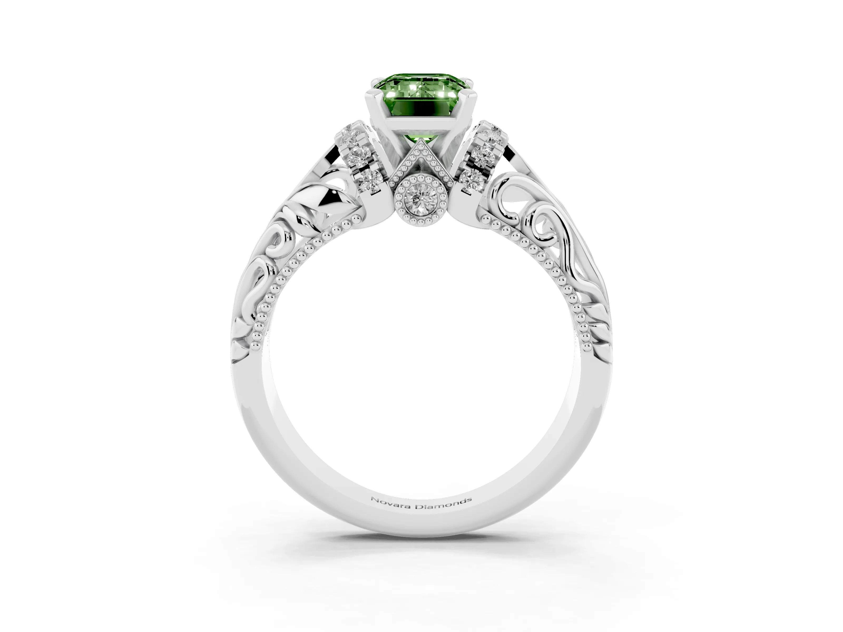 Fancy Green Emerald Cut Diamond Filigree Halo Engagement Ring Set in White gold with Prong Setting