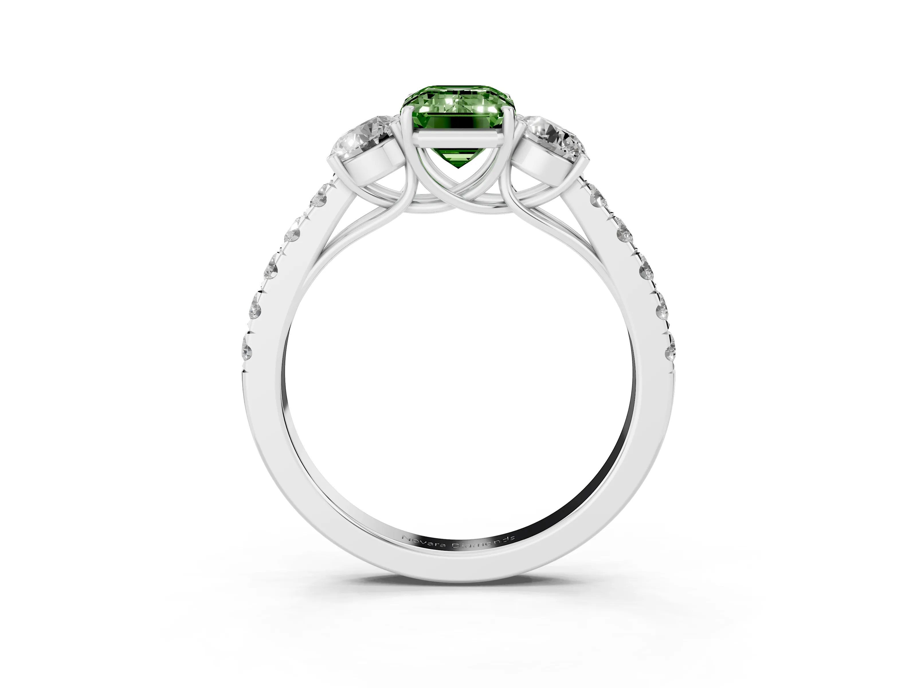 Fancy Green Emerald Cut Diamond Three-Stone Ring Set in White gold with Round Side Stones and Delicate Pavé Band