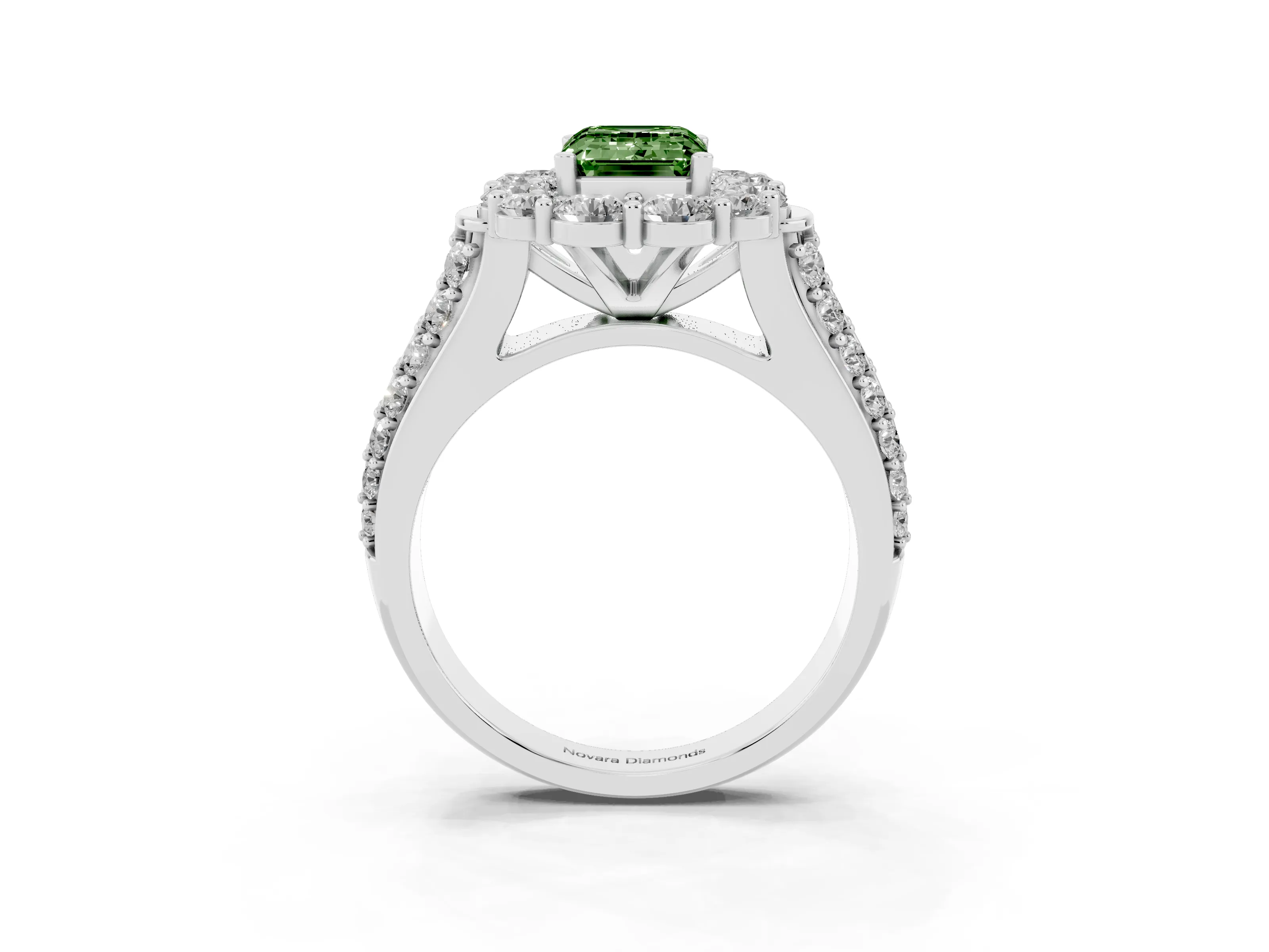 Fancy Green Emerald Cut Diamond Halo Engagement Ring Set in Silver with Split Shank and Prong Setting