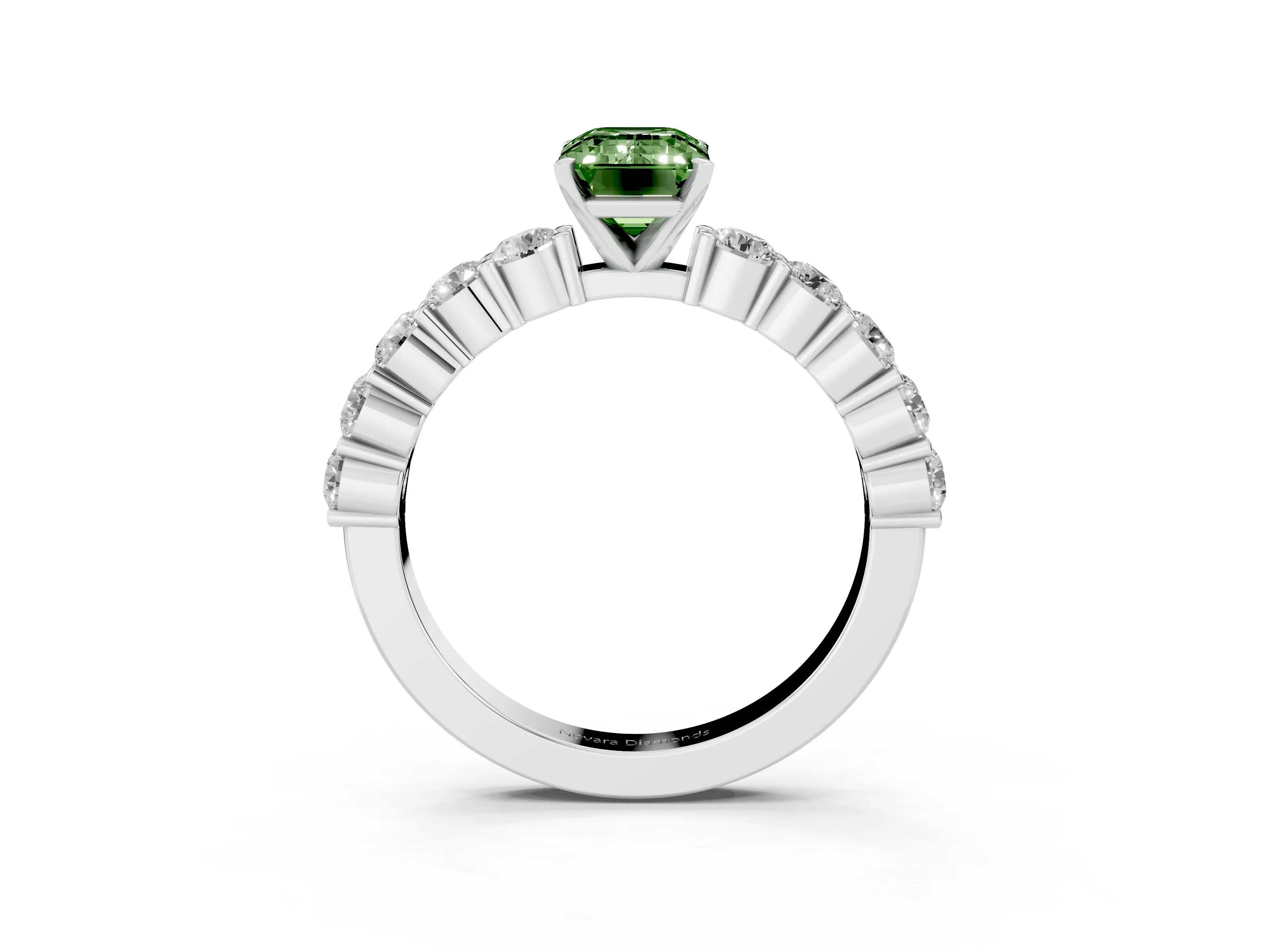 Fancy Green Emerald Cut Diamond Solitaire Ring Set in White gold with Shared Prong Round Side Stones