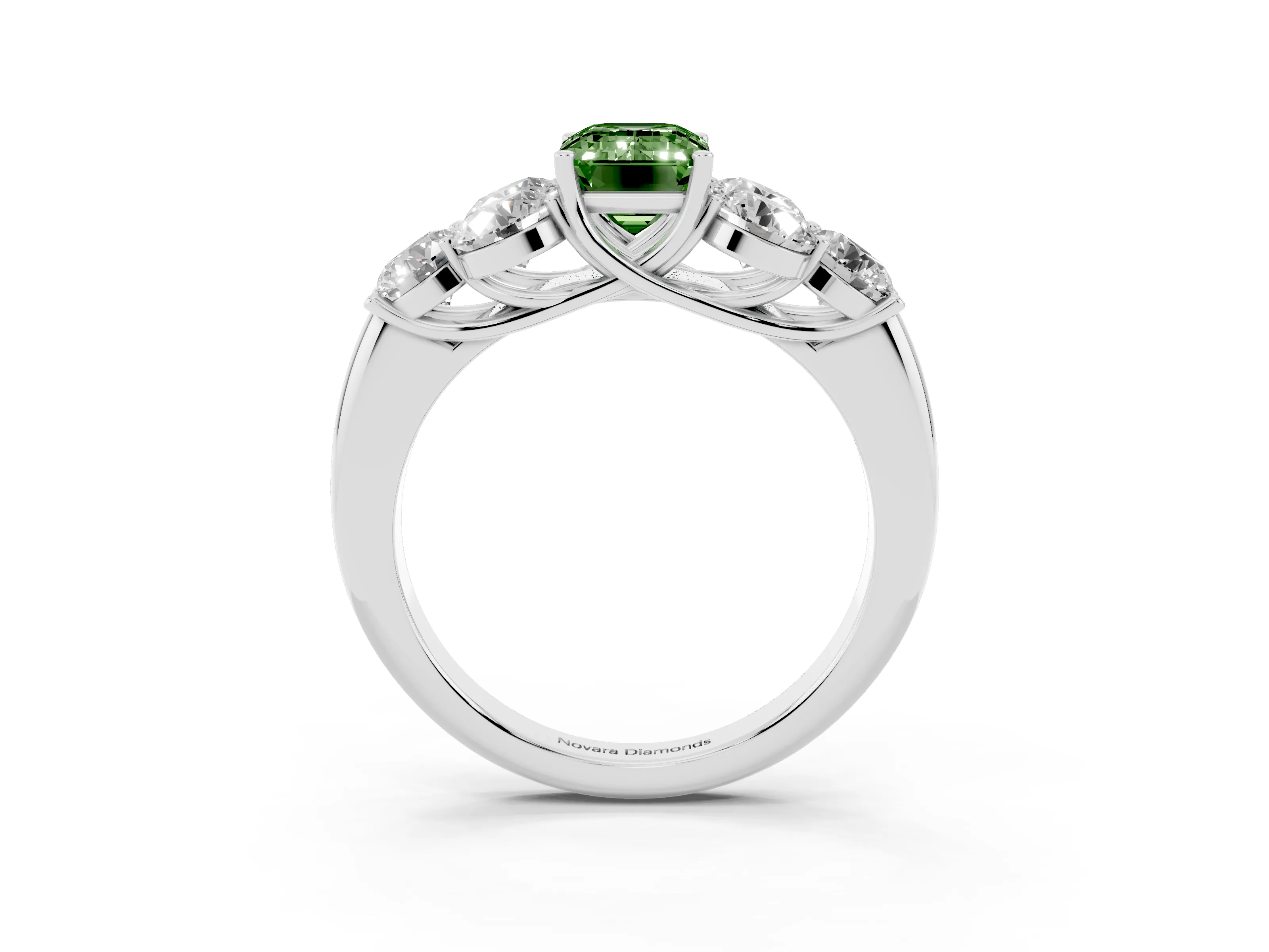 Fancy Green Emerald Cut Diamond Cluster Ring Set in Silver with Round Accent Stones and Prong Setting on a Plain Band