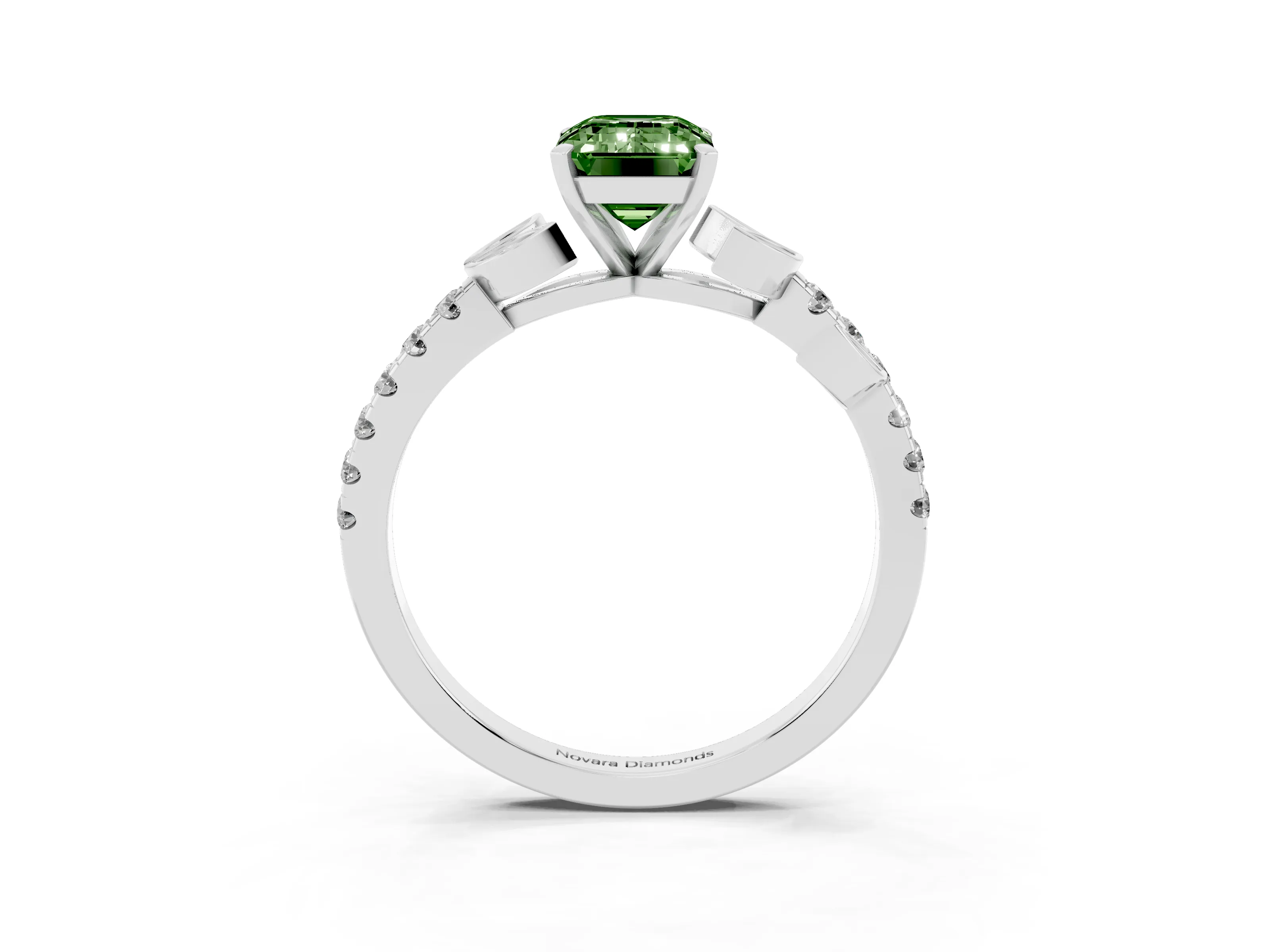Fancy Green Emerald Cut Diamond Solitaire Leaf-Inspired Ring Set in Silver with Pavé Band and Prong Setting