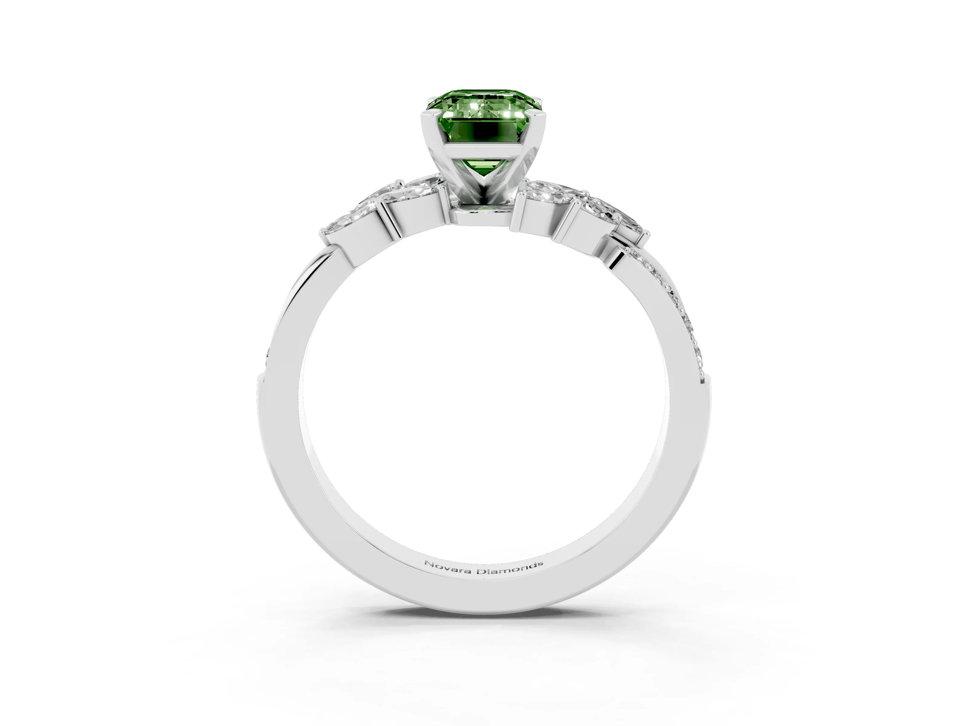 Fancy Green Emerald Cut Diamond Solitaire Ring Set in White gold with Marquise Twist Band and Prong Setting