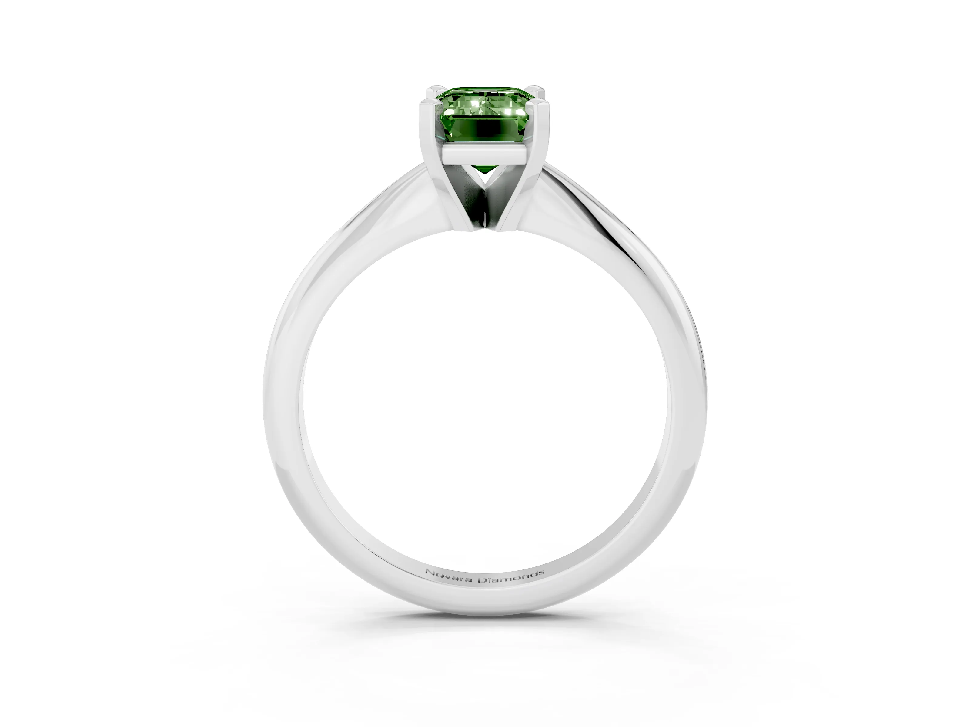 Fancy Green Emerald Cut Diamond Solitaire Ring Set in Platinum with Prong Setting on a Plain Round Band