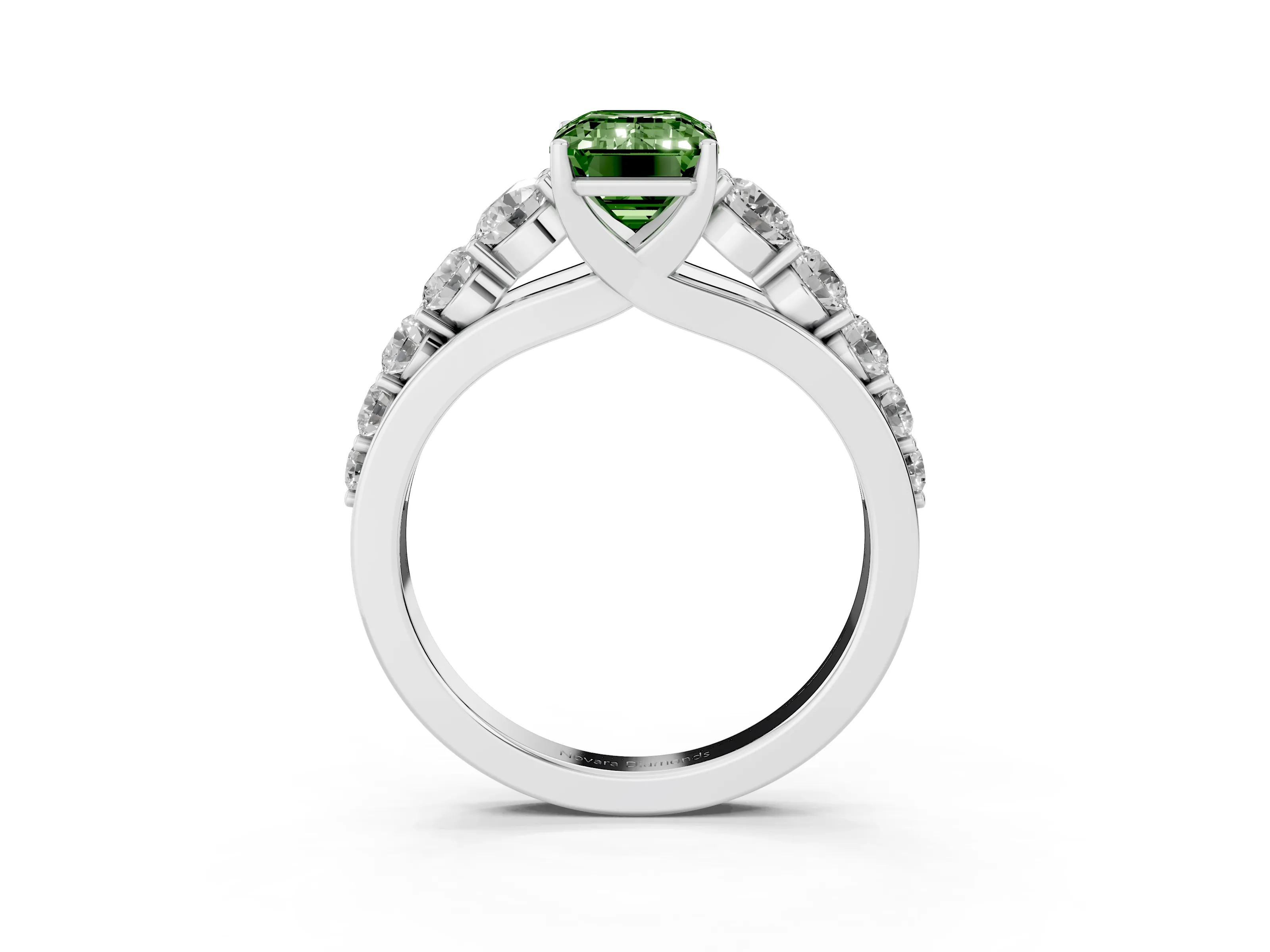 Fancy Green Emerald Cut Diamond Solitaire Ring Set in Platinum with Pavé-Set Band and Prong Setting