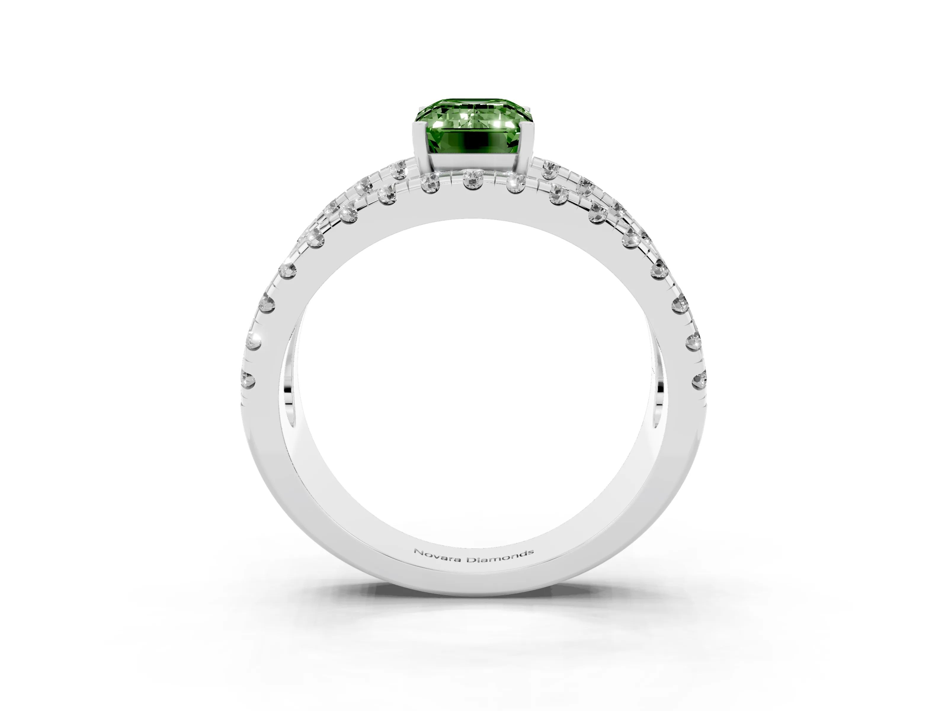 Fancy Green Emerald Cut Diamond Split Shank Pavé Solitaire Ring Set in Silver with Open Shank Design